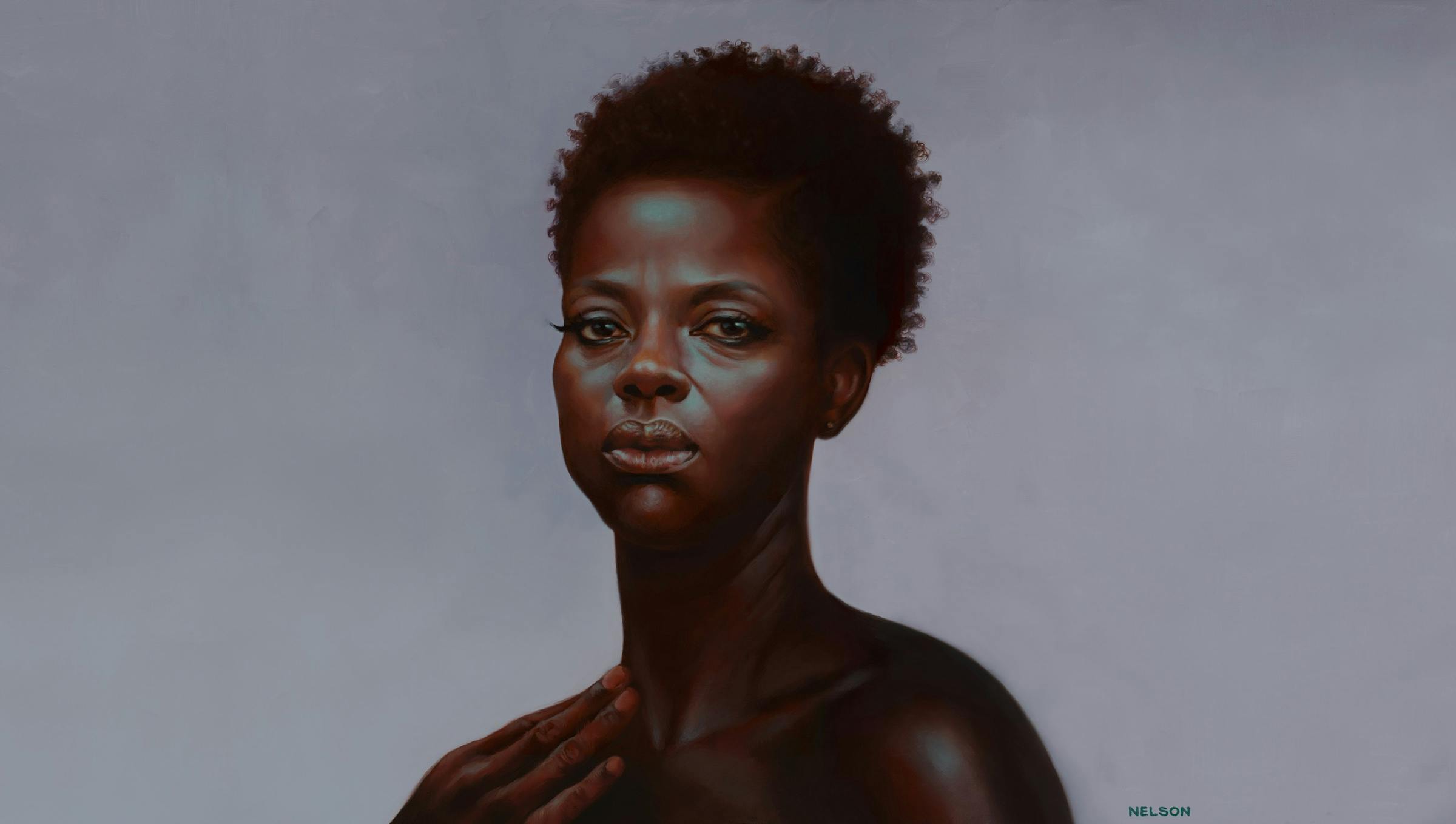 A painting of Viola Davis by Kadir Nelson. Davis looks straight ahead. She has bare shoulders and short hair. One hand is placed on her collarbone. She is pictured against a feathery background of soft pink, white, and blue brushstrokes. 