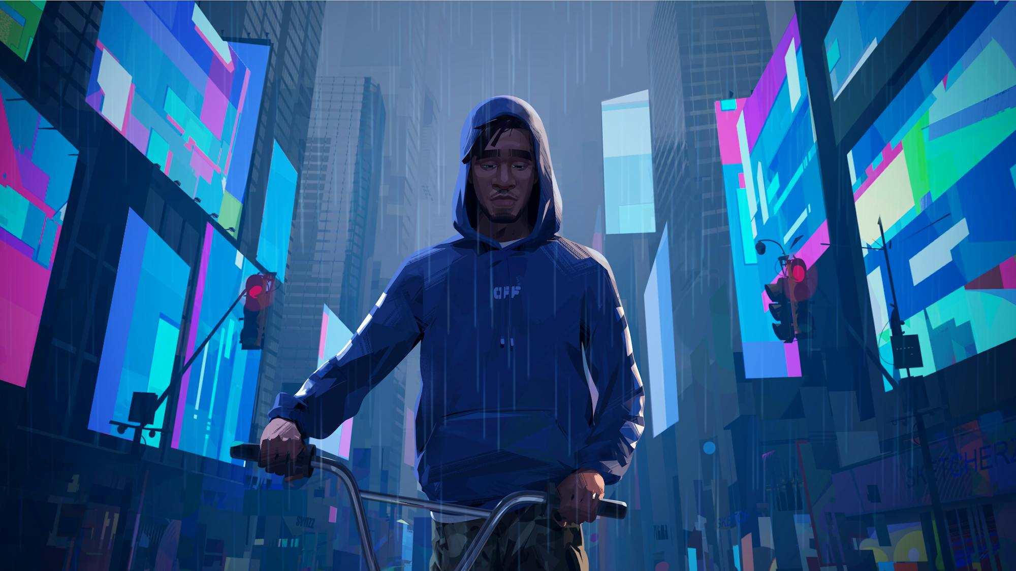 Jabari (Scott Mescudi) rides through a rainy times square like a sad boi. cheer up!