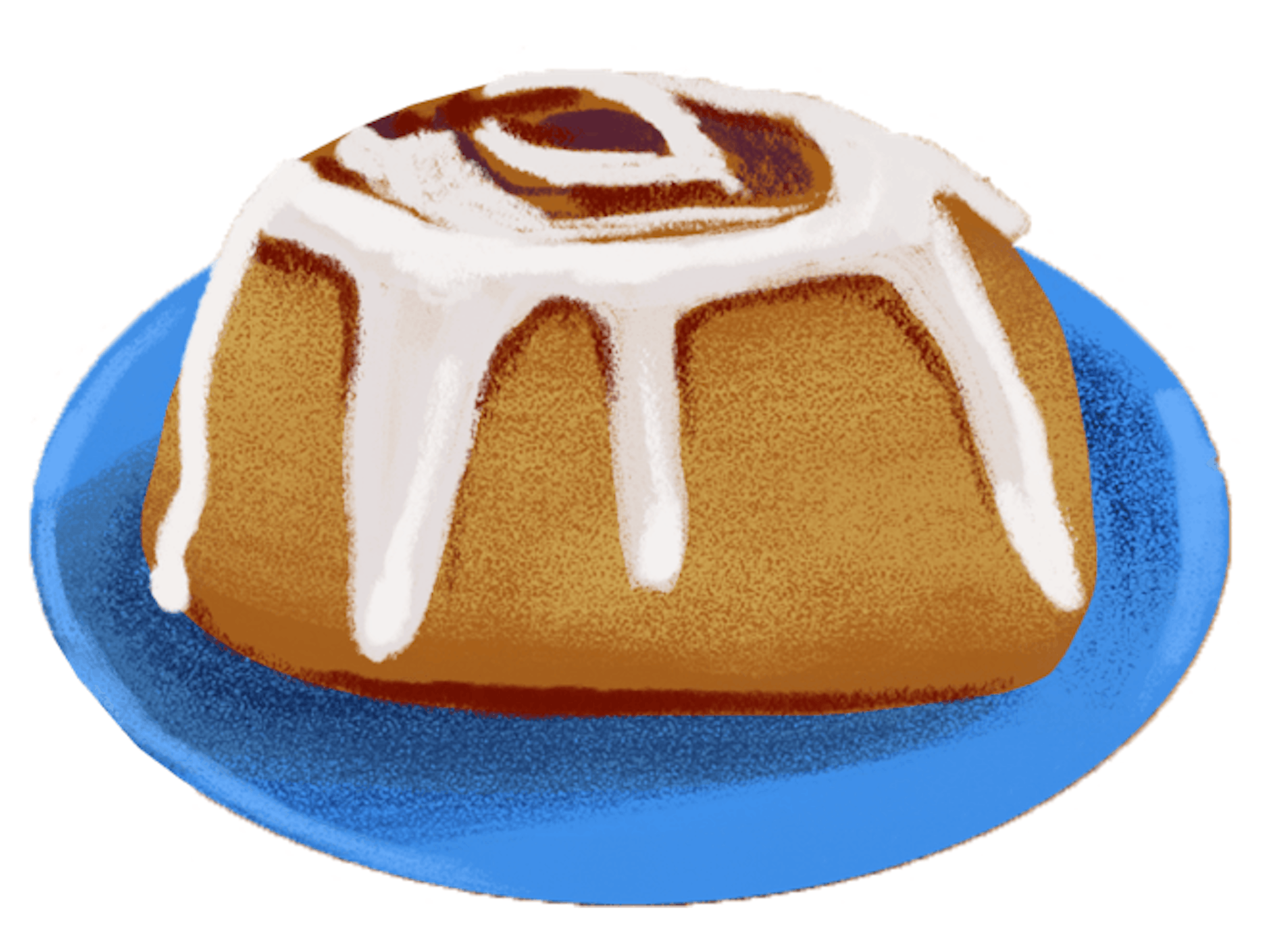 Cinnamon bun from Ann Sather sits on a bright blue plate. The pastry is a delicious brown color, and drips with white icing.