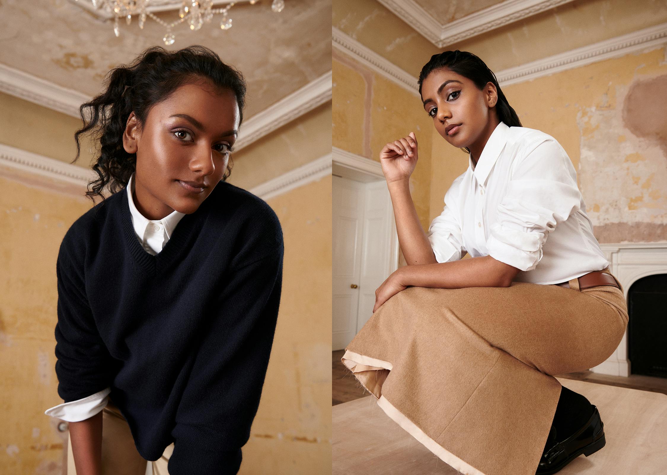 Simone Ashley and Charithra Chandran in a diptych. Ashley wears a dark sweater and white shirt. Chandran wears khakis and a white shirt. 