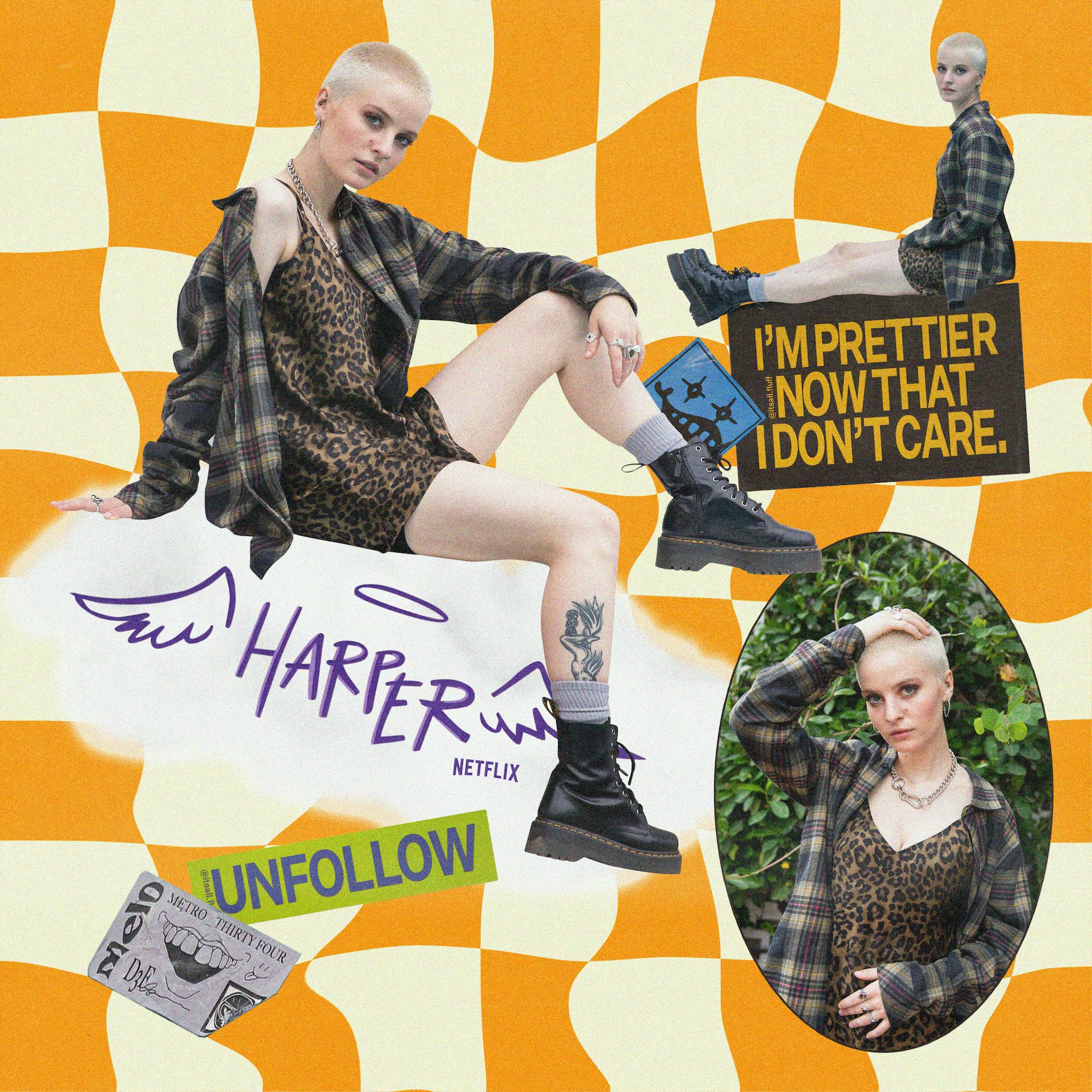 Asher Yasbincek plays Harper. She wears a flannel over a short dress and black boots. behind her is a checkerboard with her name written in purple.