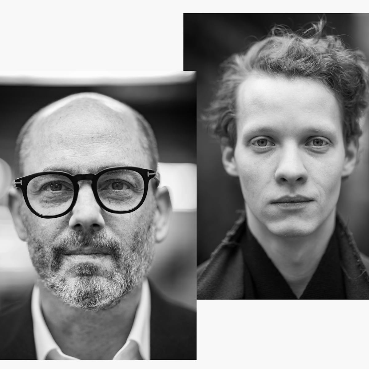 Albrecht Schuch, Edward Berger, and Felix Kammerer in three overlapping, black-and-white portraits. Schuch has a mustache and wears a black jacket. Berger wears dark rimmed glasses, a black jacket, and white shirt. Felix wears a black jacket with a high neck.