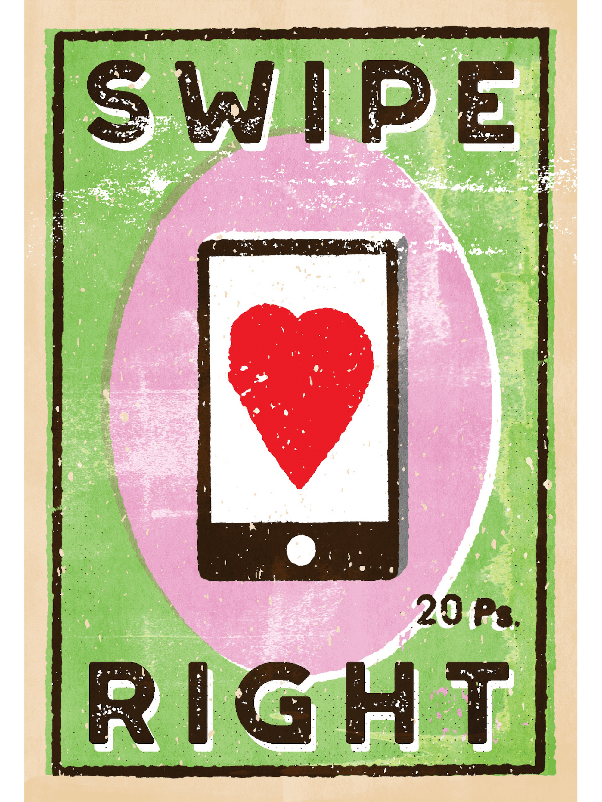 A smartphone with a heart and the words ‘swipe right.’ The background is green, the oval behind the phone is pink, the phone is black and white with a red heart, and the text is black. 