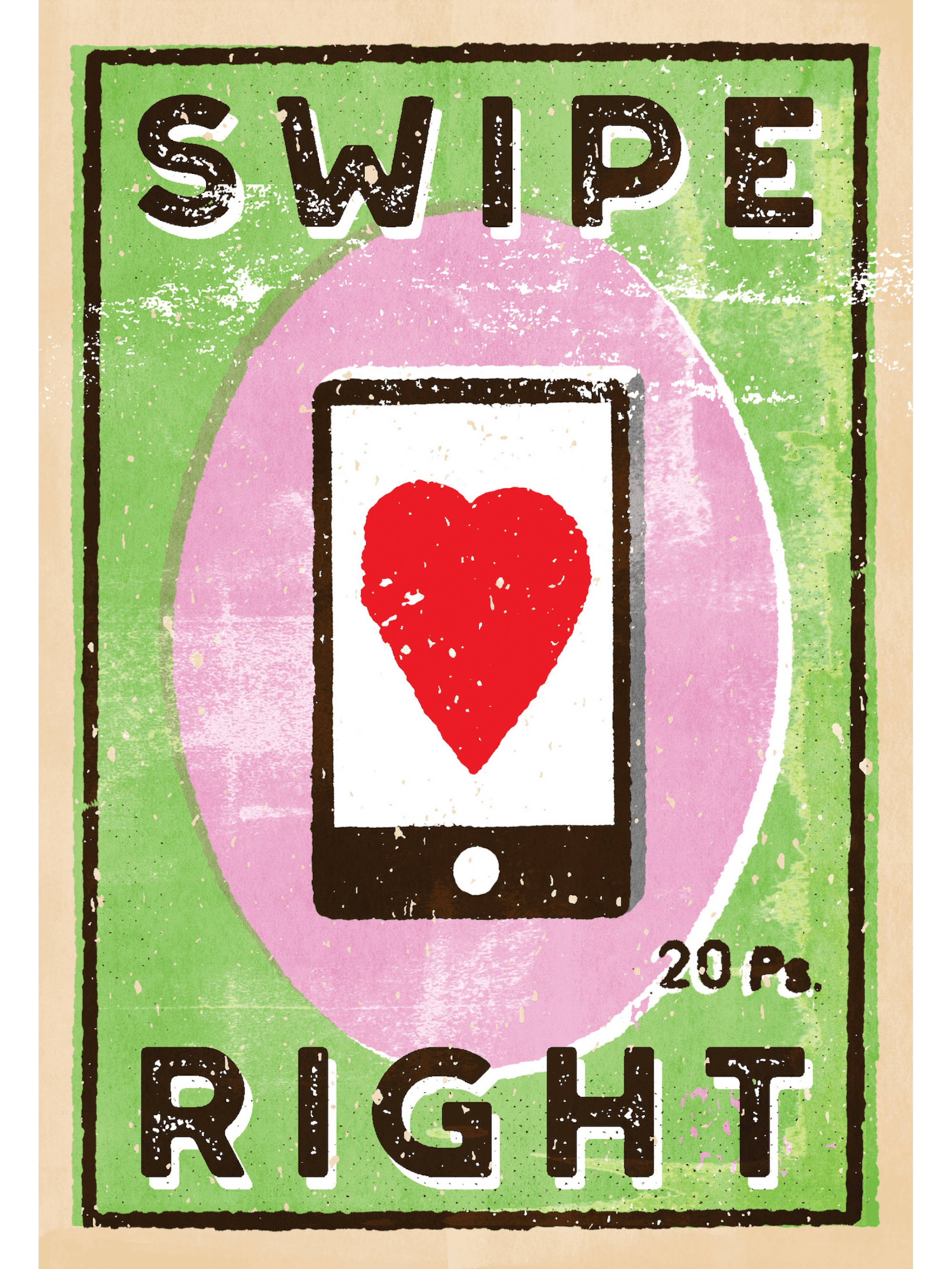 A smartphone with a heart and the words ‘swipe right.’ The background is green, the oval behind the phone is pink, the phone is black and white with a red heart, and the text is black.