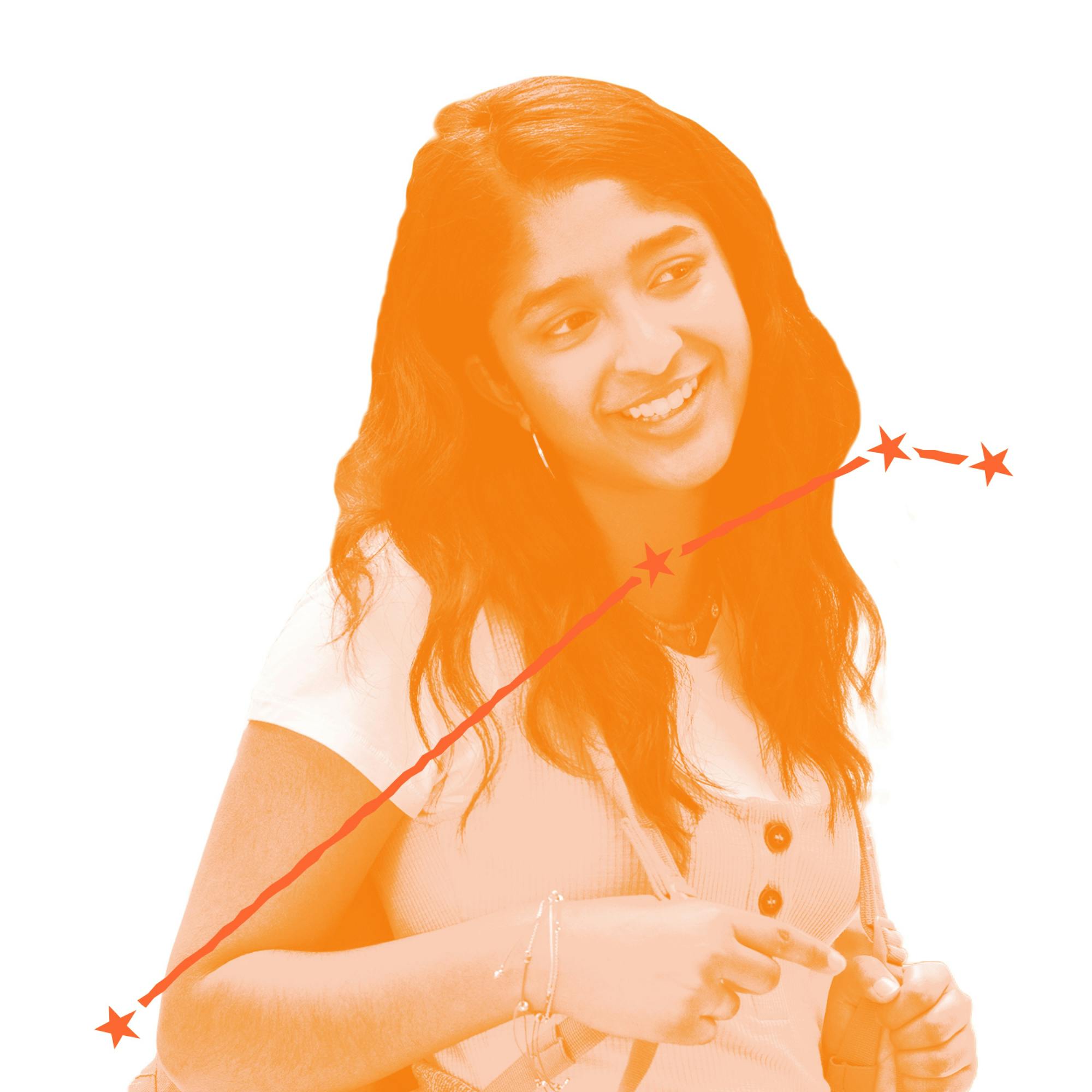 Devi Vishwakumar (played by Maitreyi Ramakrishnan) smiles in this still from Never Have I Ever. Wearing a white shirt and carrying a backpack, she looks like your average teen, but she’s got chutzpah for days. Over the image is an illustration of Devi’s zodiac constellation.