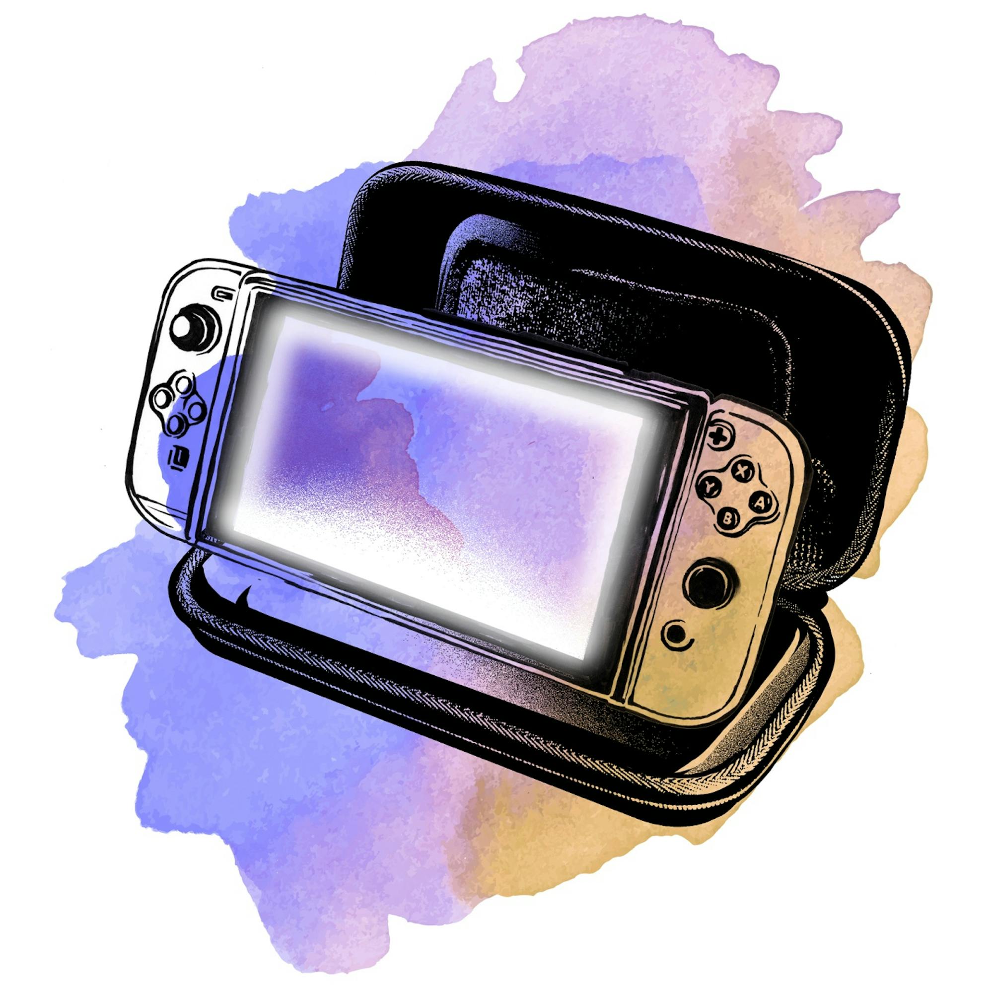 Watercolor illustration of Maitreyi’s Nintendo Switch. Kids these days!