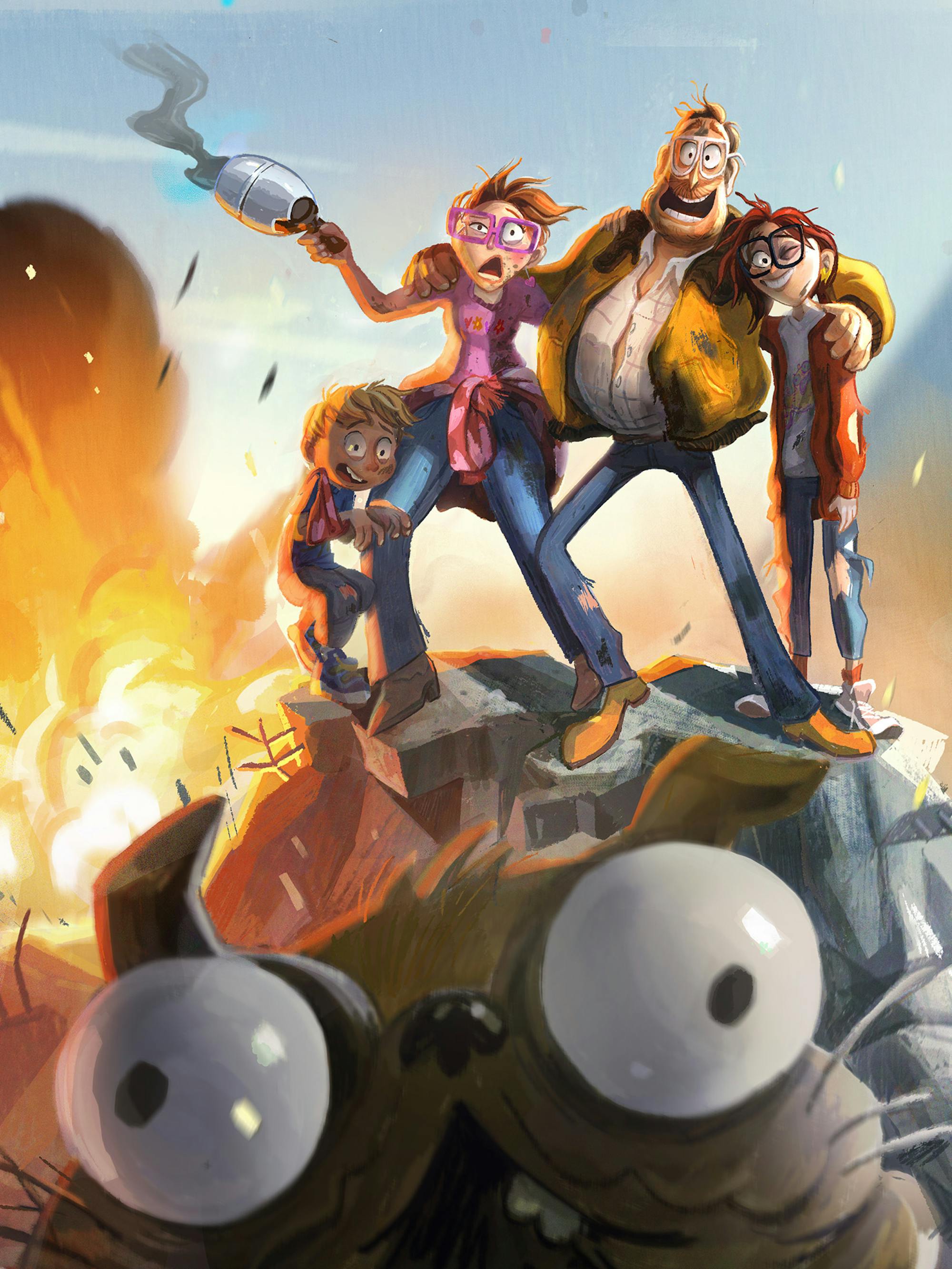 Aaron (Mike Rianda), Linda (Maya Rudolph), Rick (Danny McBride), and Katie (Abbi Jacobson) stand on top of a cliff as the world crashes and burns around them. Close to the camera is Monchi the pug whose bulging eyes appear even more googly and cross-eyed.