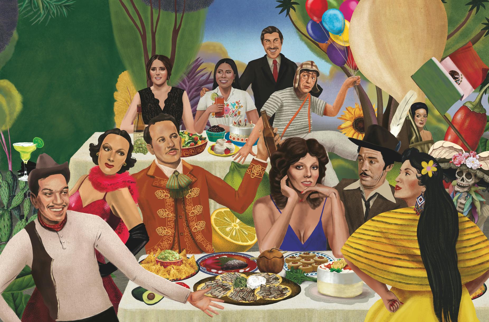 A crew of Mexican cinema and tv legends sit around colorful tables brimming with food.