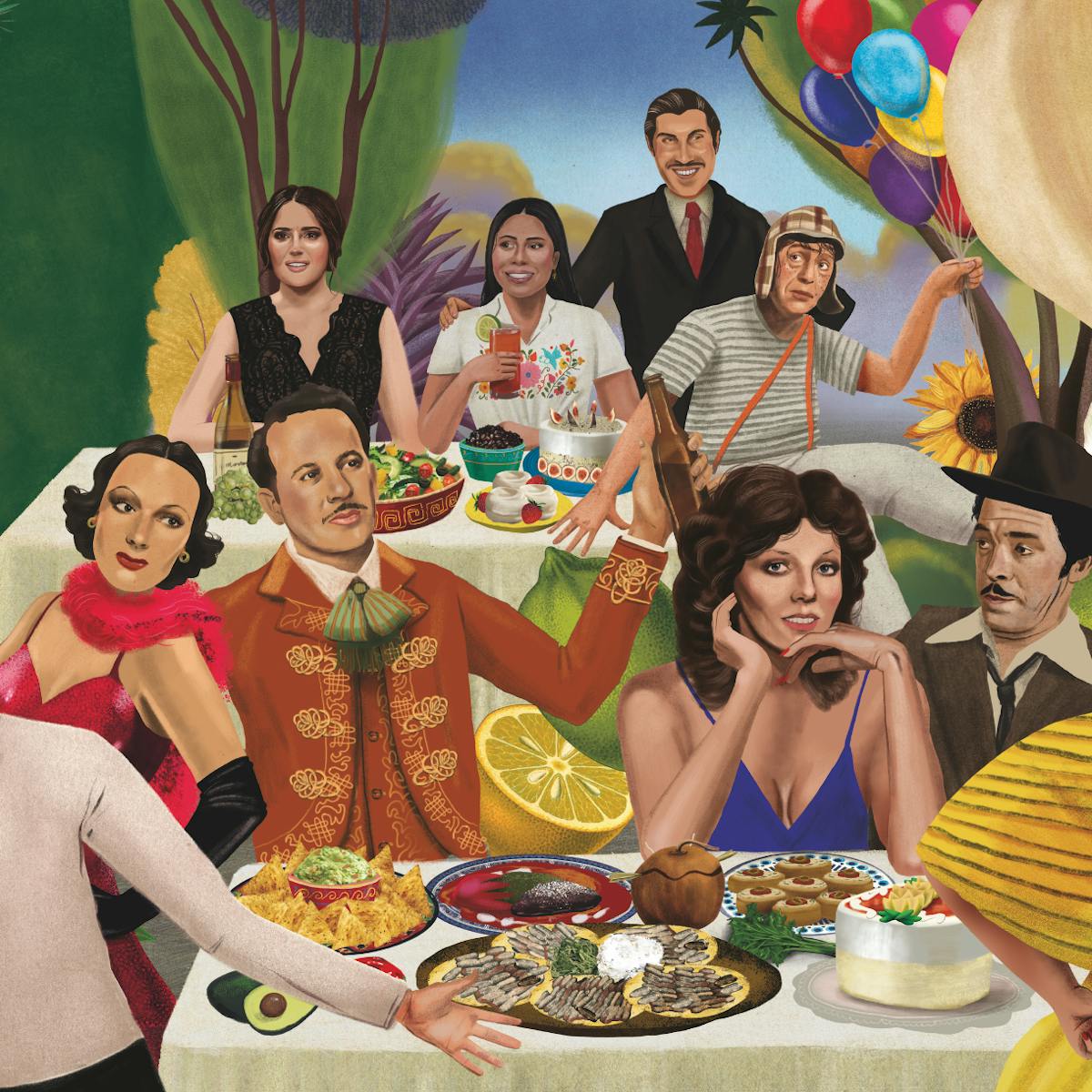 Un equipo de leyendas del cine y la televisión mexicanos se sientan alrededor de coloridas mesas repletas de comida.