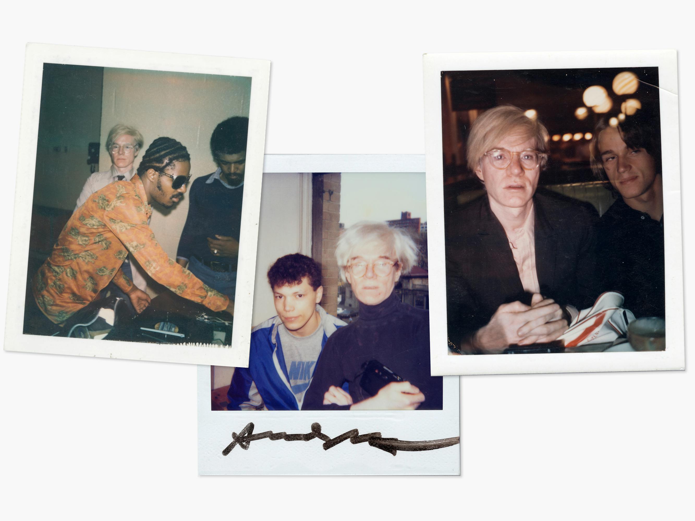 Three polaroids of Andy Warhol and friends. 