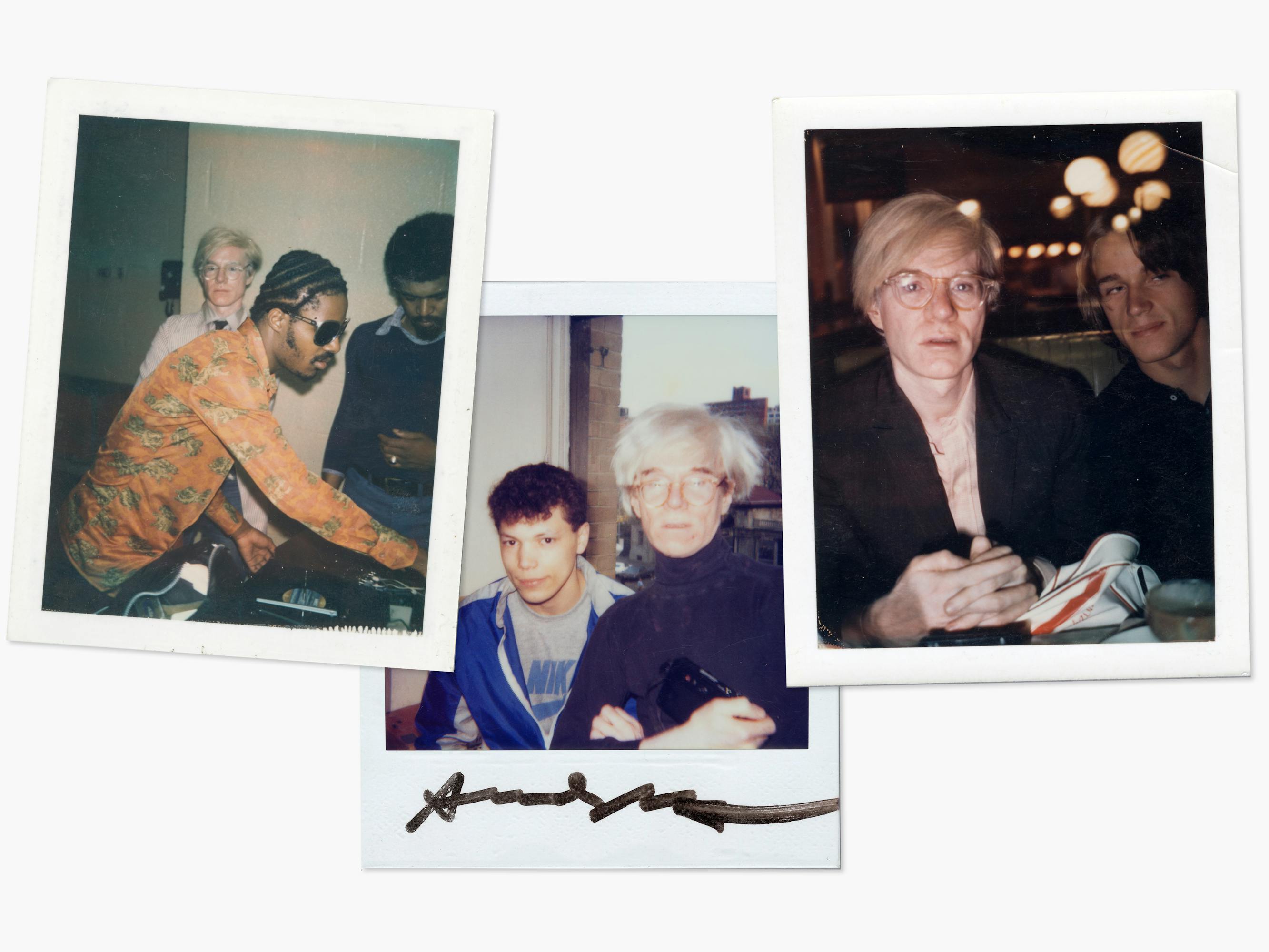 Three polaroids of Andy Warhol and friends.