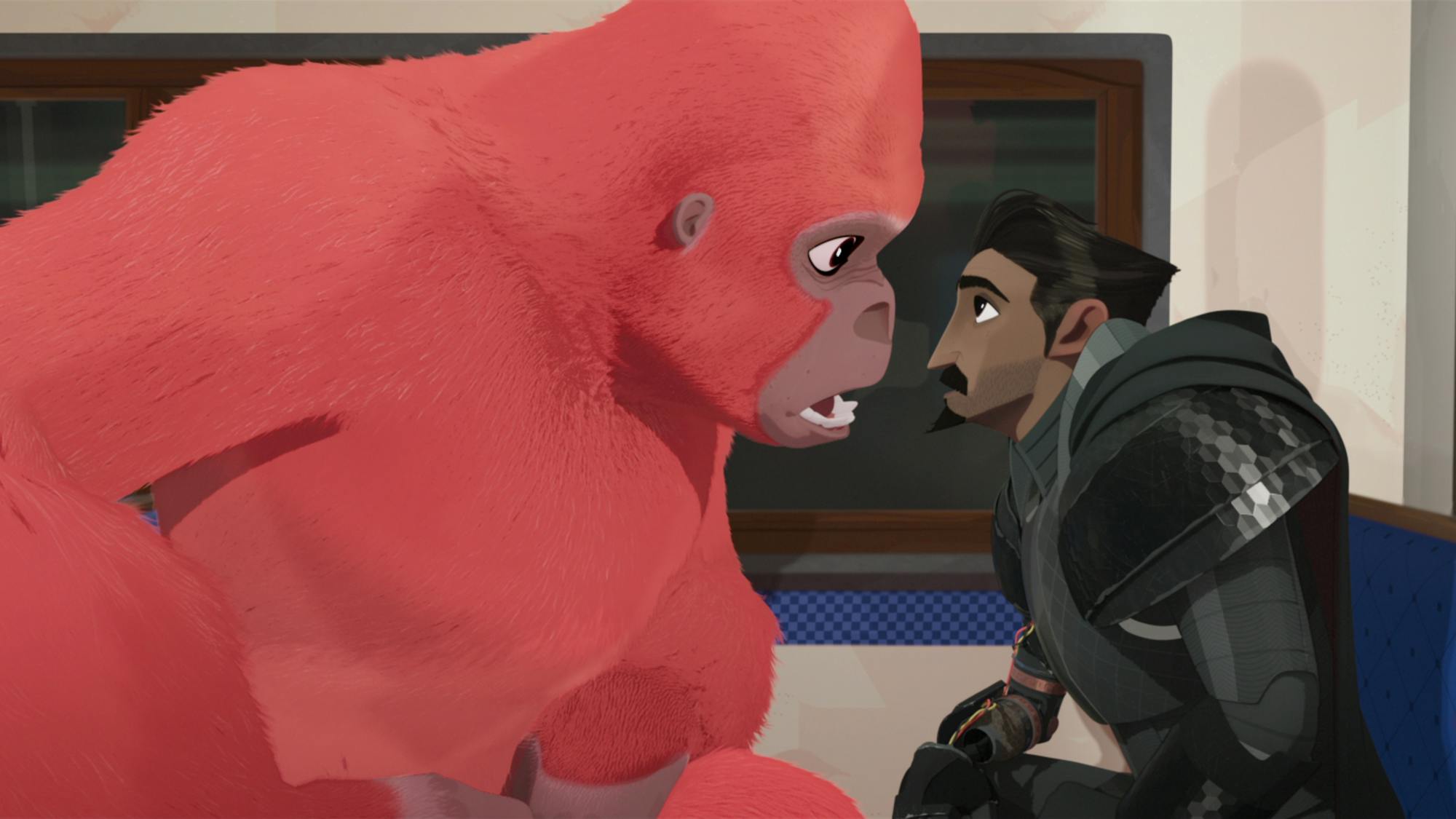 Nimona (Chloë Grace Moretz) as a gorilla and Ballister Boldheart (Riz Ahmed) sit across from each other on blue couches.