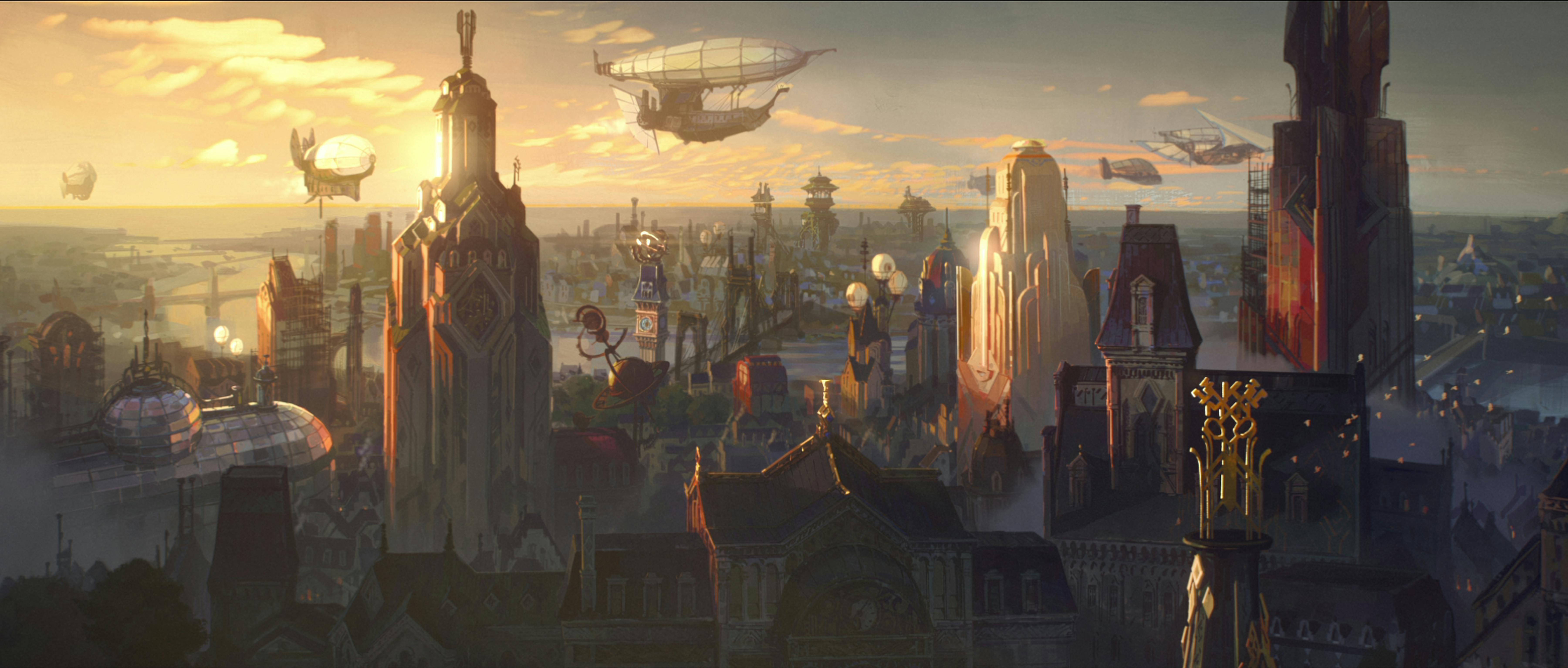 The world of Arcane. The buildings are lit by a rising sun, and the sky is dotted with flying vehicles.