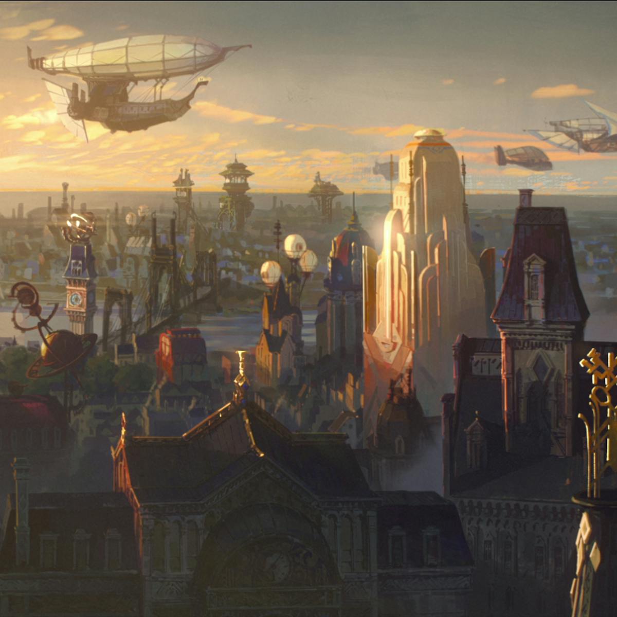 The world of Arcane. The buildings are lit by a rising sun, and the sky is dotted with flying vehicles.