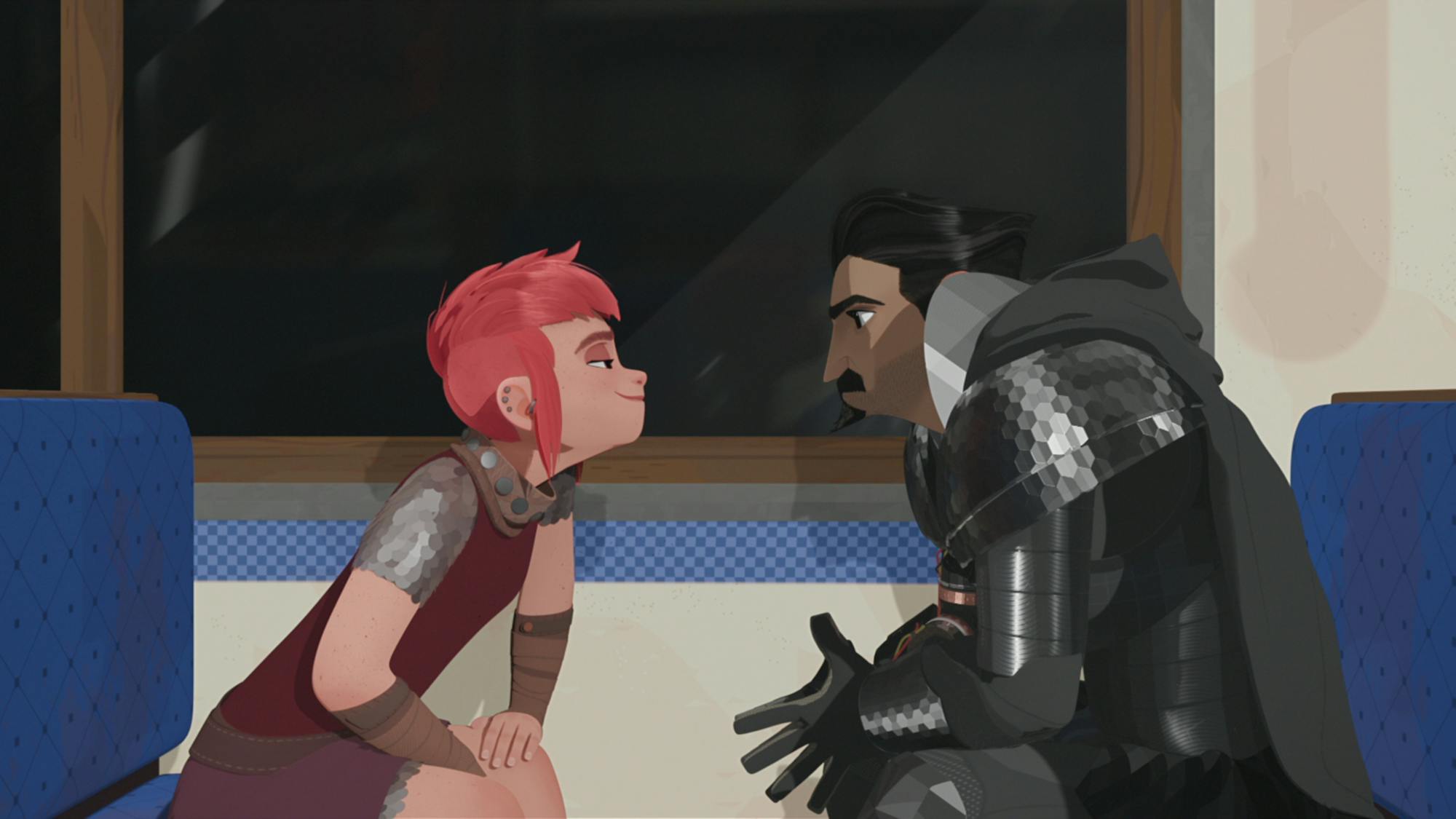 Nimona (Chloë Grace Moretz) and Ballister Boldheart (Riz Ahmed) sit on blue chairs and face each other talking with urgency.