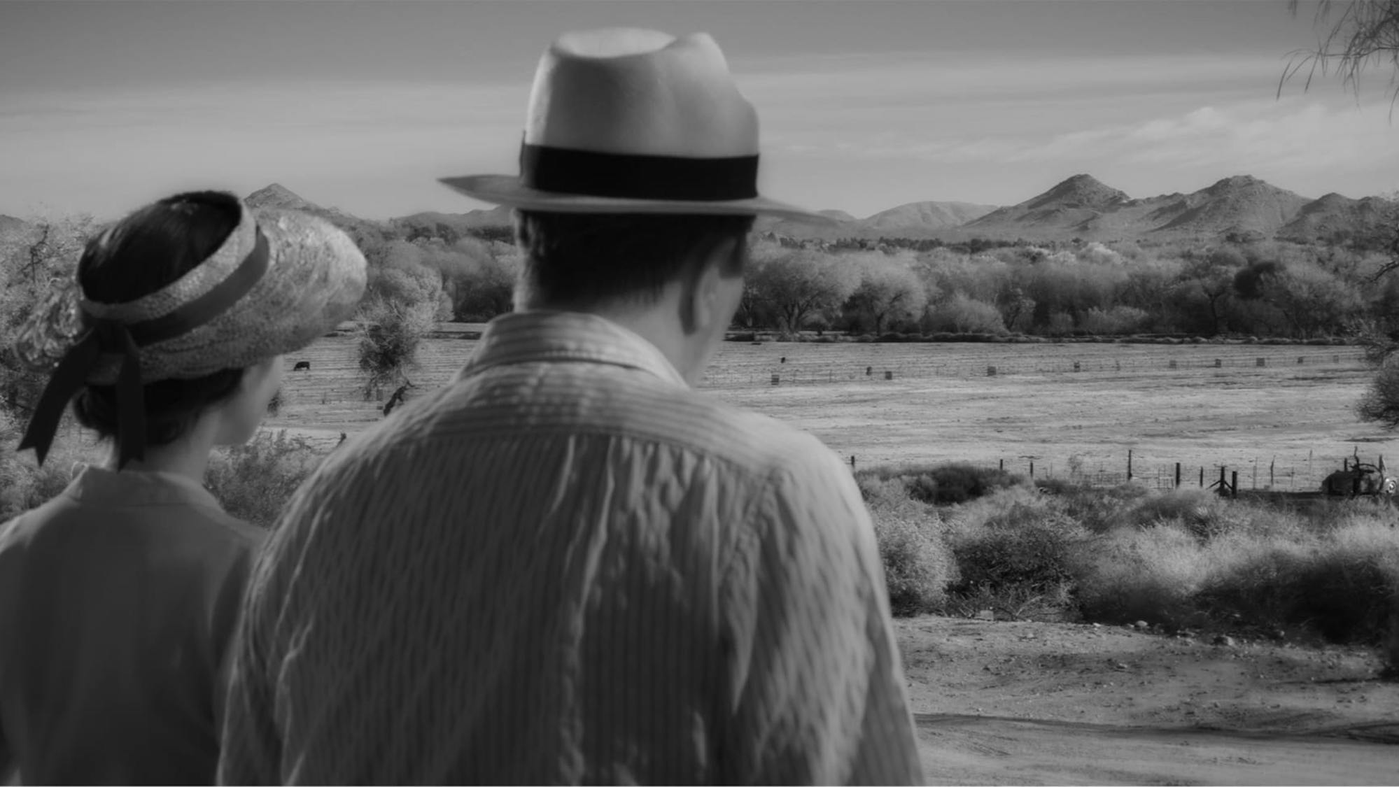 In a shot from the film, we see how the scene above translates to a black-and-white experience. The tones from Collins’s blouse and hat match the desert landscape in front of her. The textures of the drying foliage are soft.