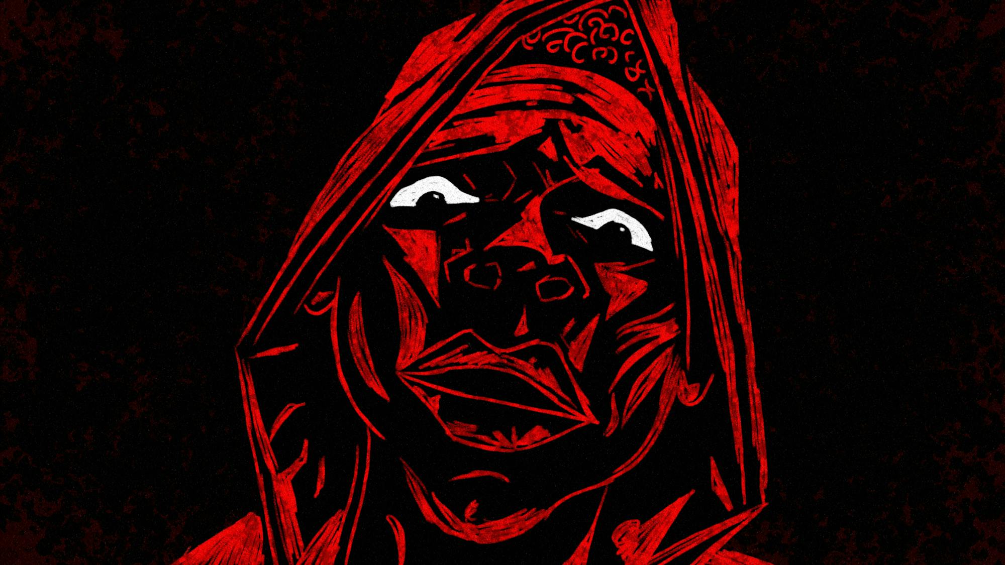 An illustration by Molecule VFX shows a face against a black background, details etched in a bright red. The eyes of the individual are particularly piercing, with black irises set against bright whites. In the film, the red light cast on this figure comes from the car of an assailant. The narration over the animation goes: “Now Black lives gettin’ robbed by wannabe cops.”