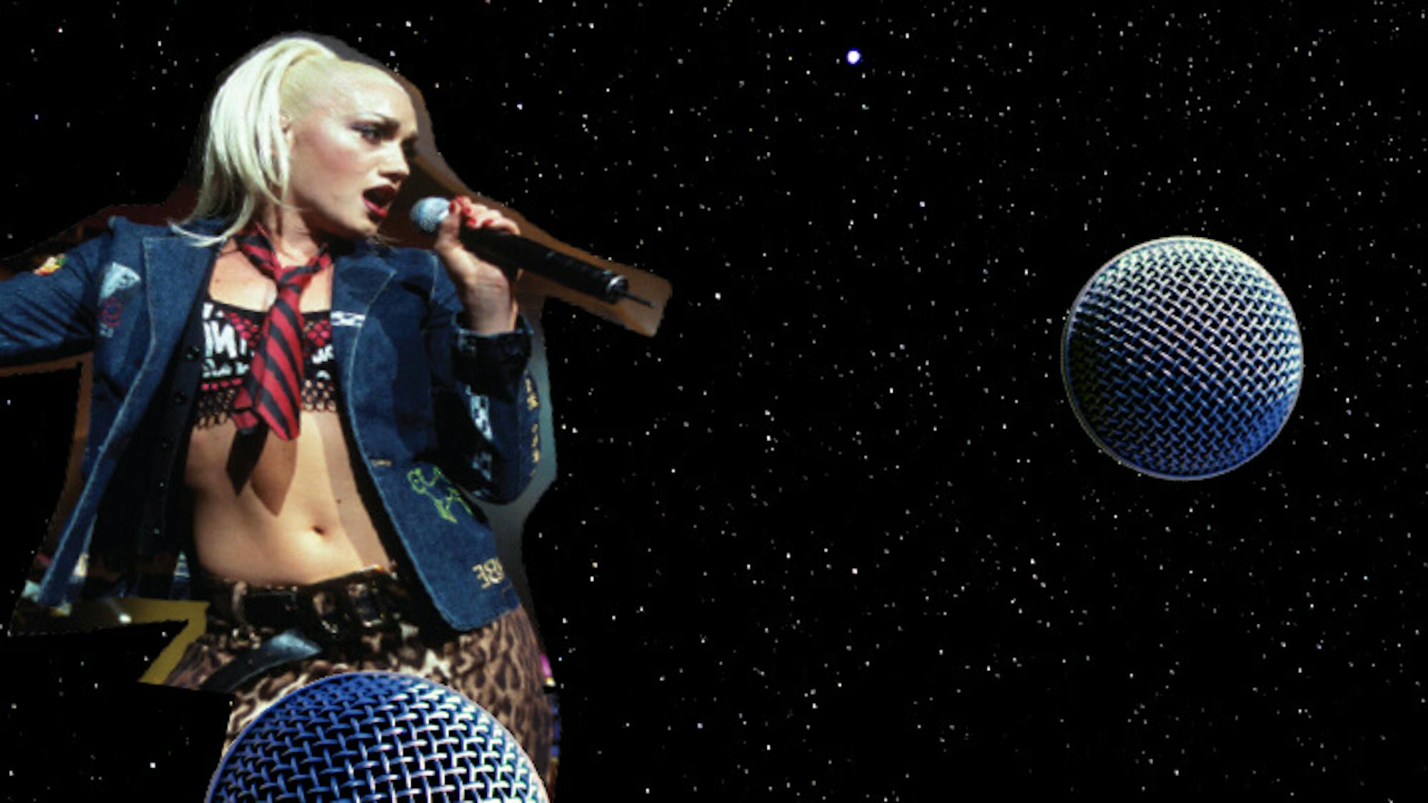 Gwen Stefani wears a short tie, cheetah pants, and leather jacket as she sings in microphone outerspace.