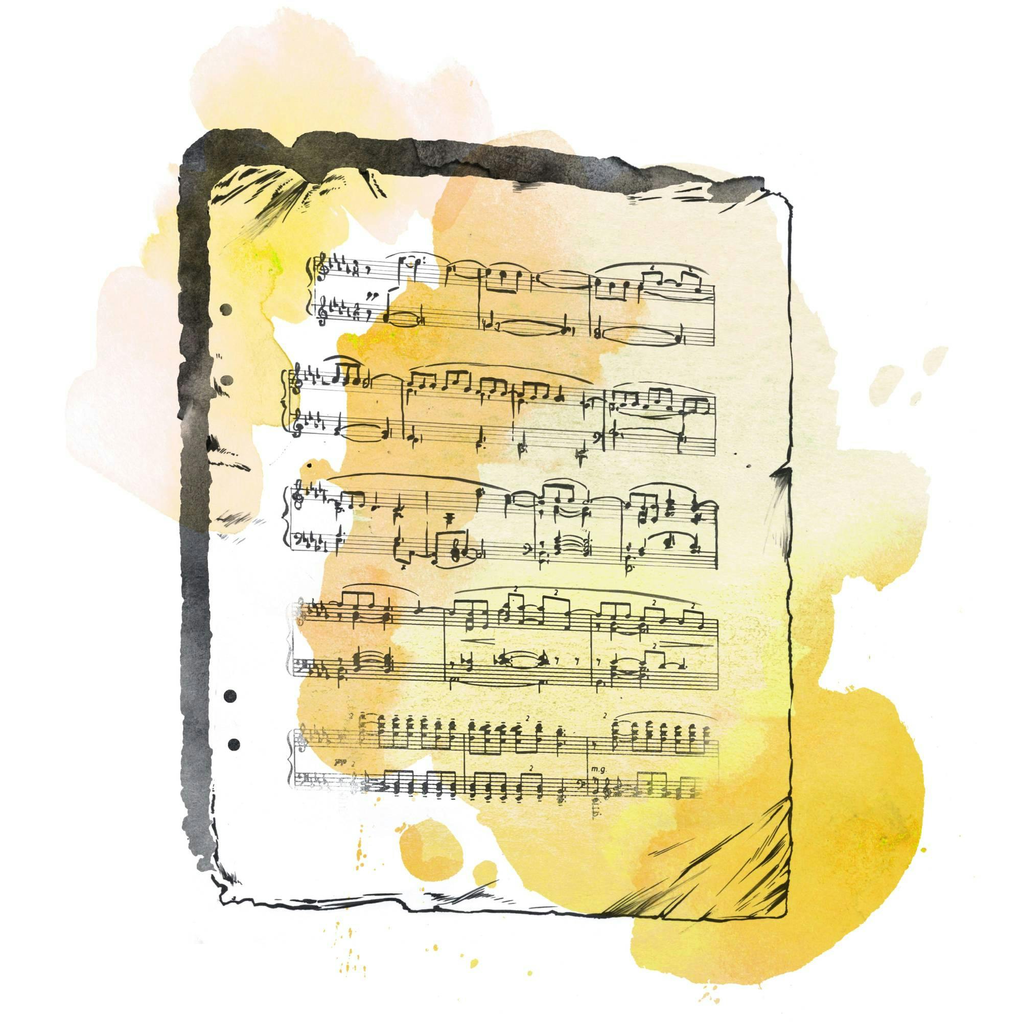 Watercolor illustration of the sheet music for “Claire de Lune.” Overrated or underrated?