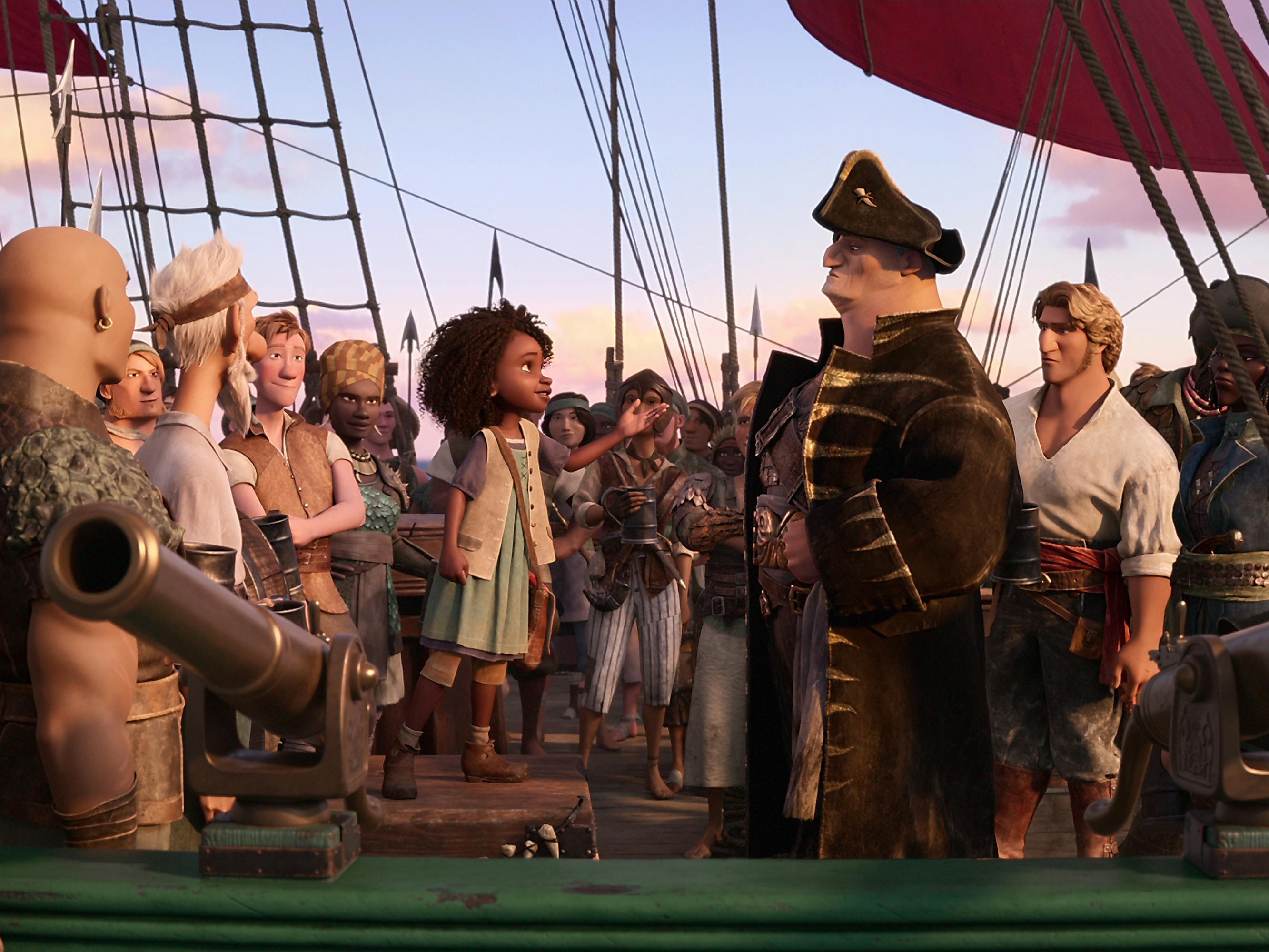 Maisie Brumble (Zaris-Angel Hator), Captain Crow (Jared Harris), Jacob Holland (Karl Urban), and First Mate Sarah Sharpe (Marianne Jean-Baptiste) stand around the deck of the boat, surrounded by tons of other crew mates. 