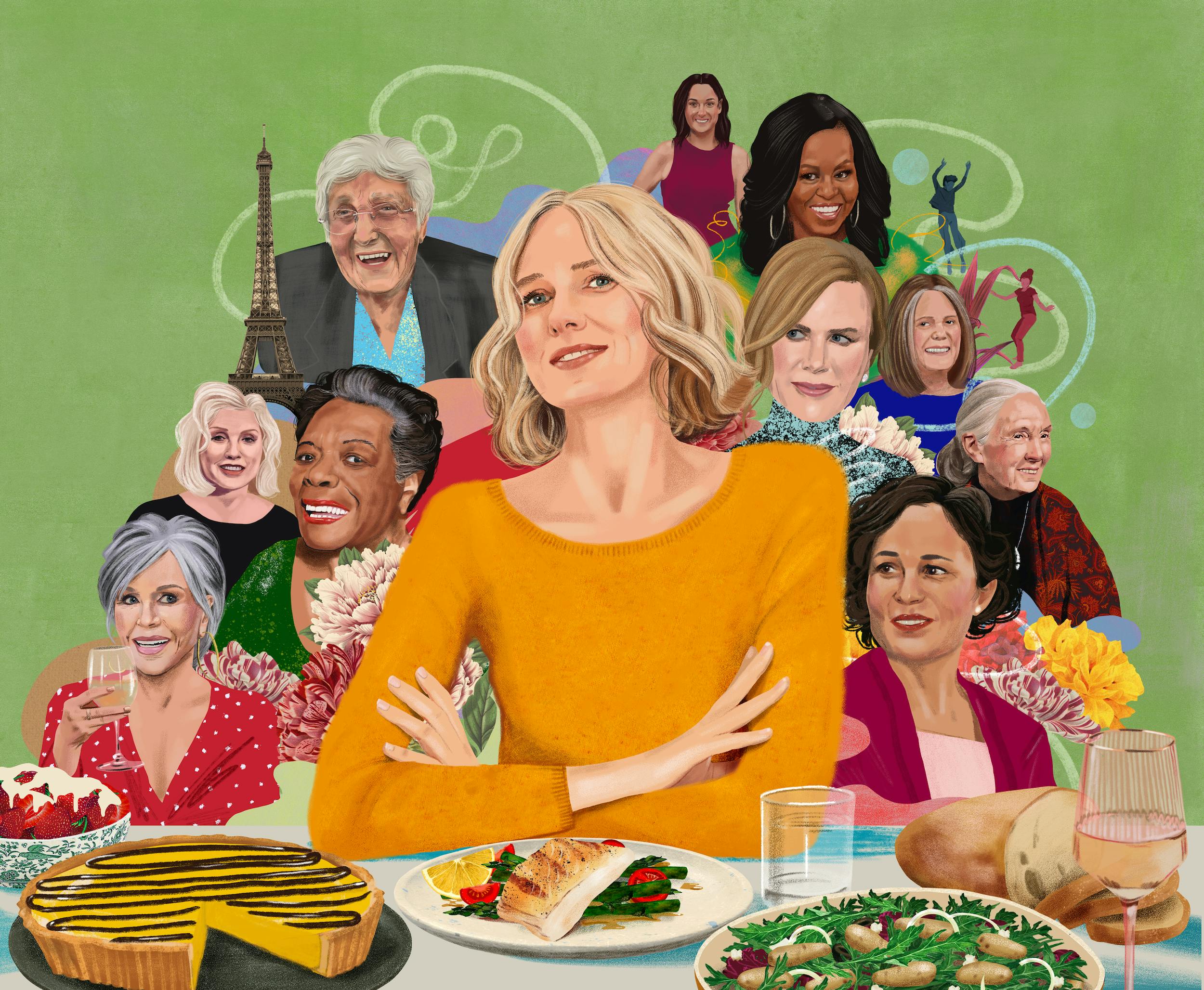 An illustration of Naomi Watts sitting with her dinner party crew, which includes Jane Fonda, Rebecca Rigg, Naomi's grandmother, Michelle Obama, Nicole Kidman, Gloria Steinem, Maya Angelou, Debbie Harry, Jane Goodall, Celeste Barber.