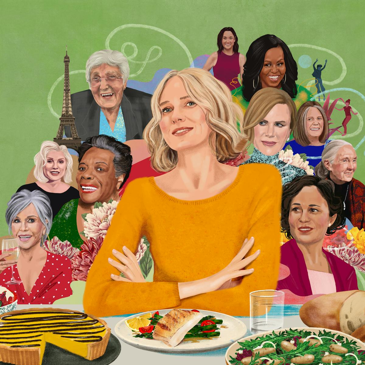 An illustration of Naomi Watts sitting in front her dinnery party, which includes Jane Fonda, Rebecca Rig, her grandmother, Michelle Obama, Nicole Kidman, Gloria Steinem, Maya Angelou, Debbie Harry, Jane Goodall, Celeste Barber.