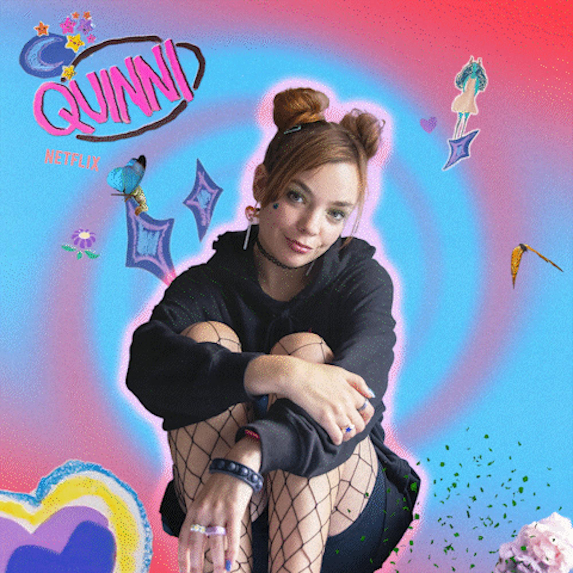 Chloe Hayden plays Quinnin and wears fishnet tights and a black sweatshirt. Behind her a blue and red animated swirley, and her name in hot pink writing. 