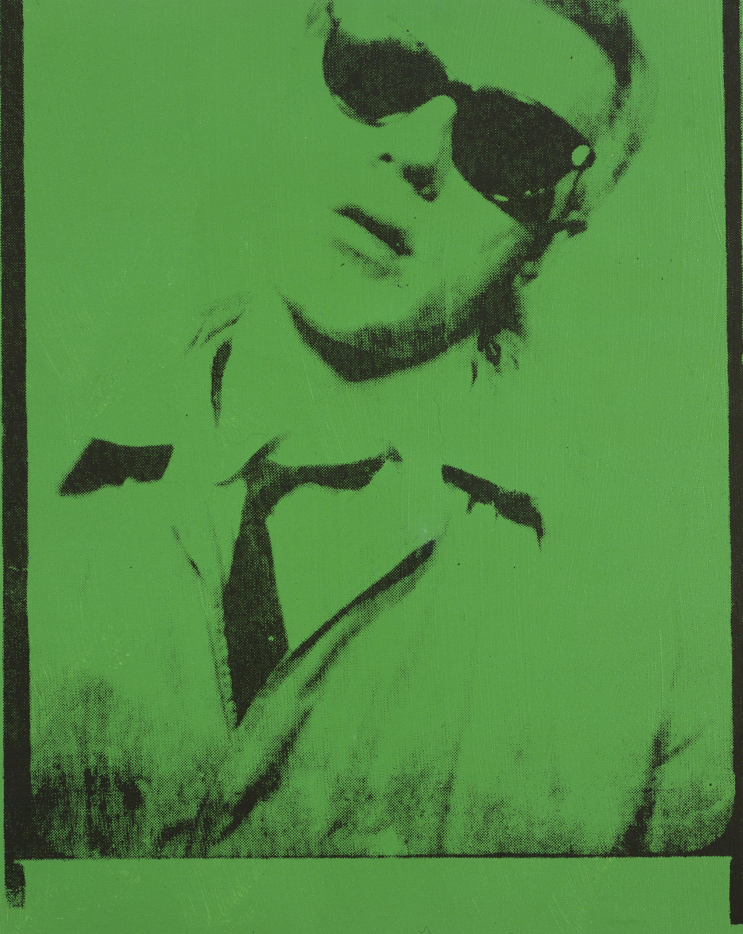A green print of Andy Warhol in shades.