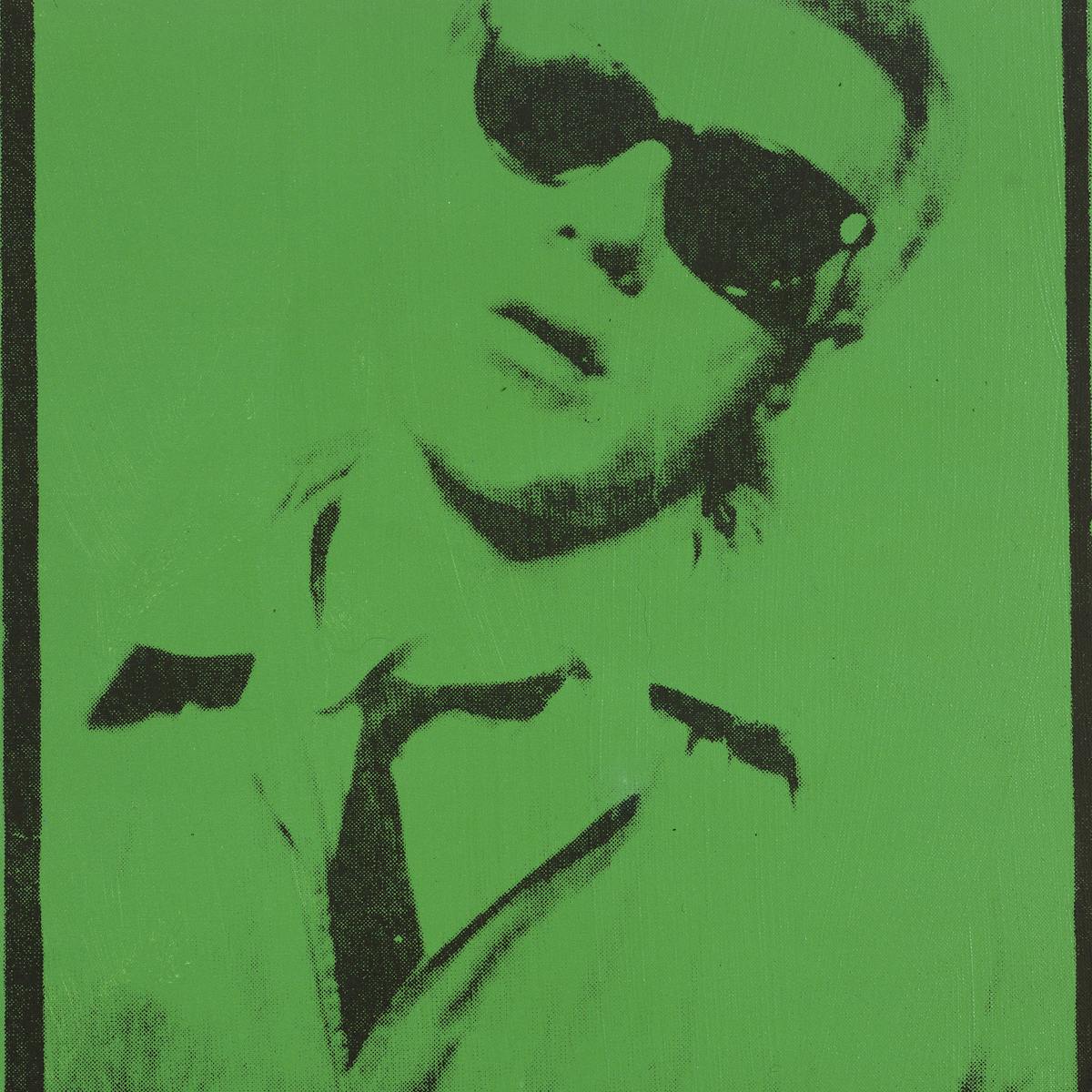 A green print of Andy Warhol in shades.