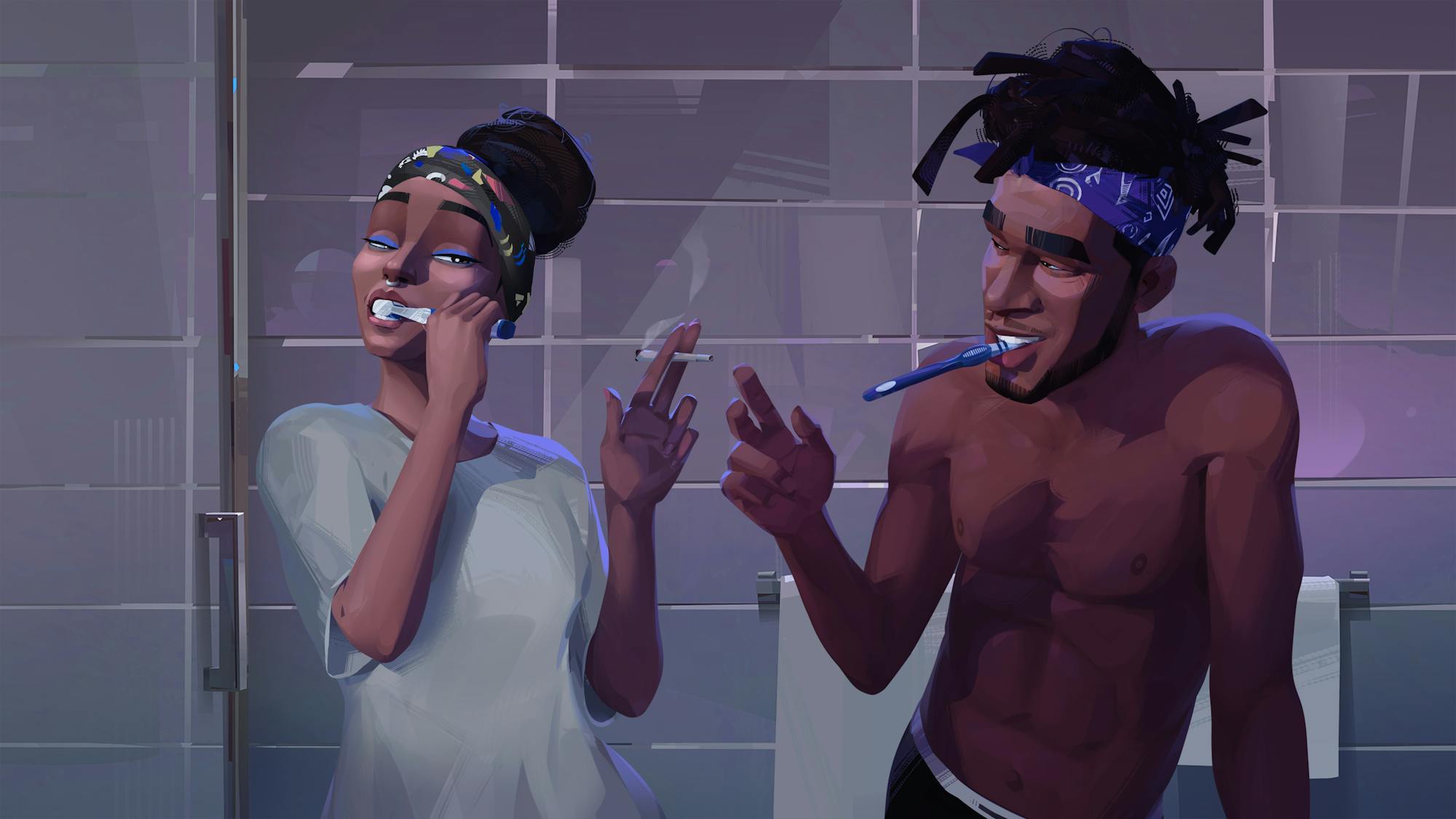 Meadow (Jessica Williams) and Jabari (Scott Mescudi) brush their teeth and share a joint in a purple tiled bathroom.