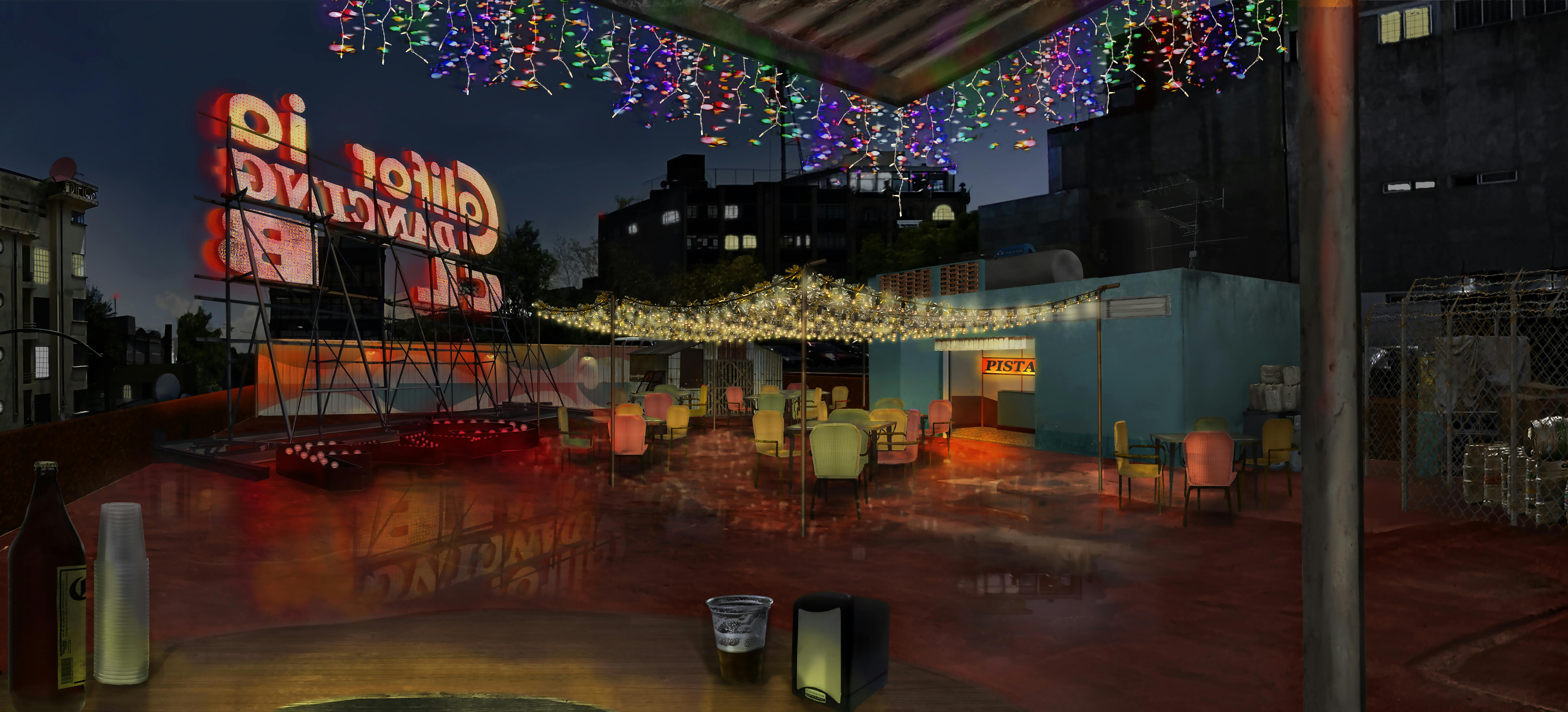 A darkened set from BARDO is lit by neon string lights and a large sign. Underneath a canopy of yellow string lights is an assortment of green, yellow, and red chairs. 