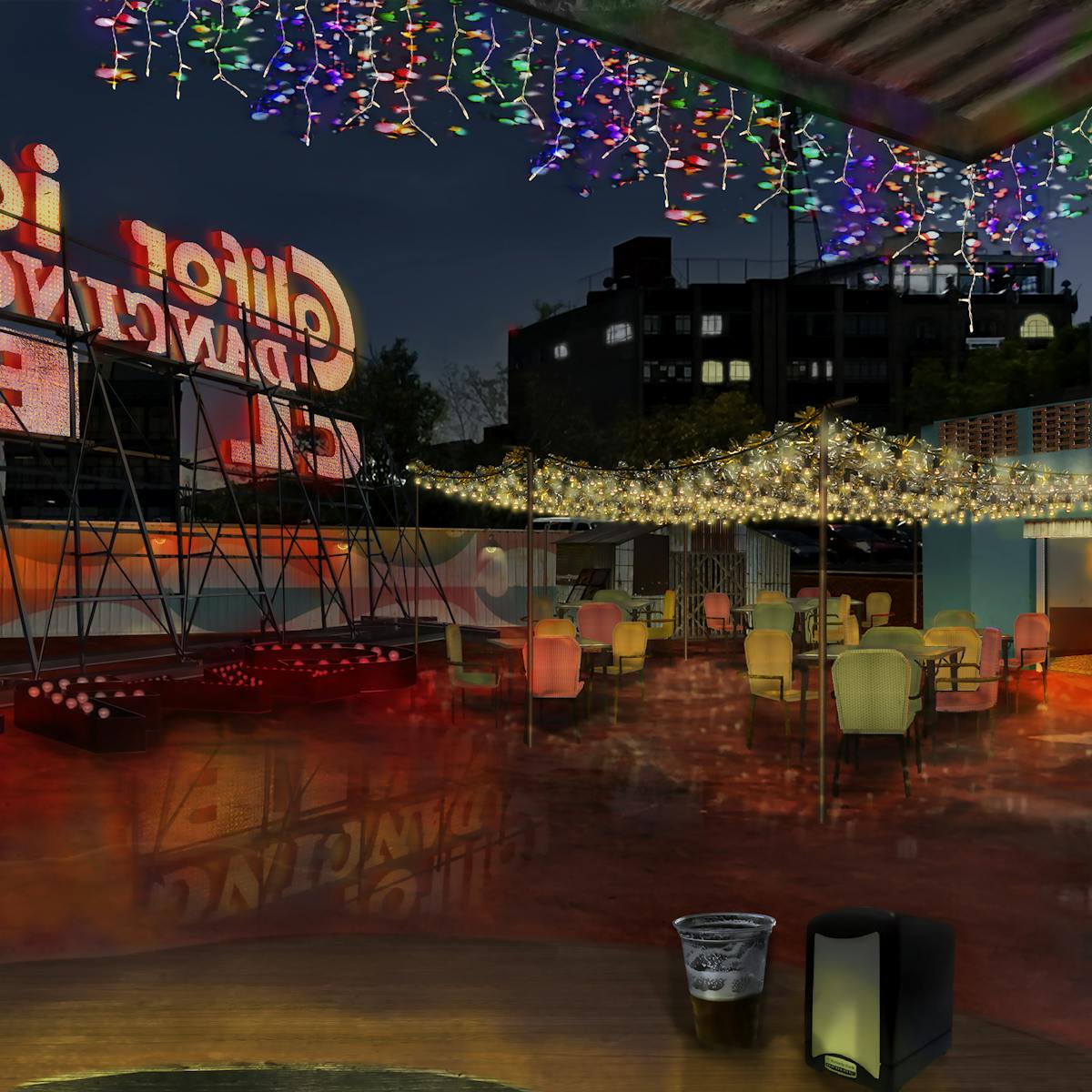 A darkened set from BARDO is lit by neon string lights and a large sign. Underneath a canopy of yellow string lights is an assortment of green, yellow, and red chairs. 