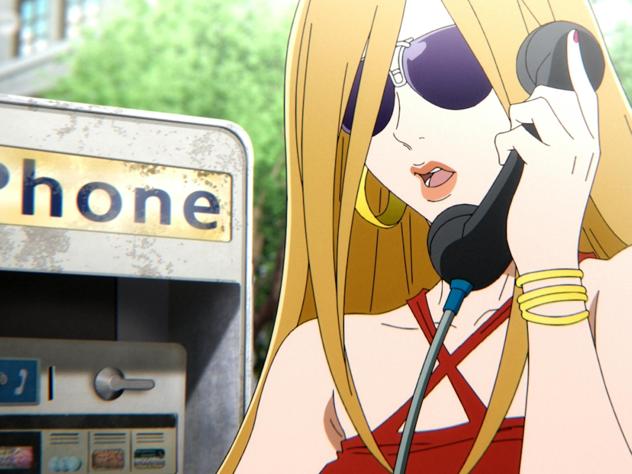 A woman with blond hair and purple sunglasses and talks on a payphone.