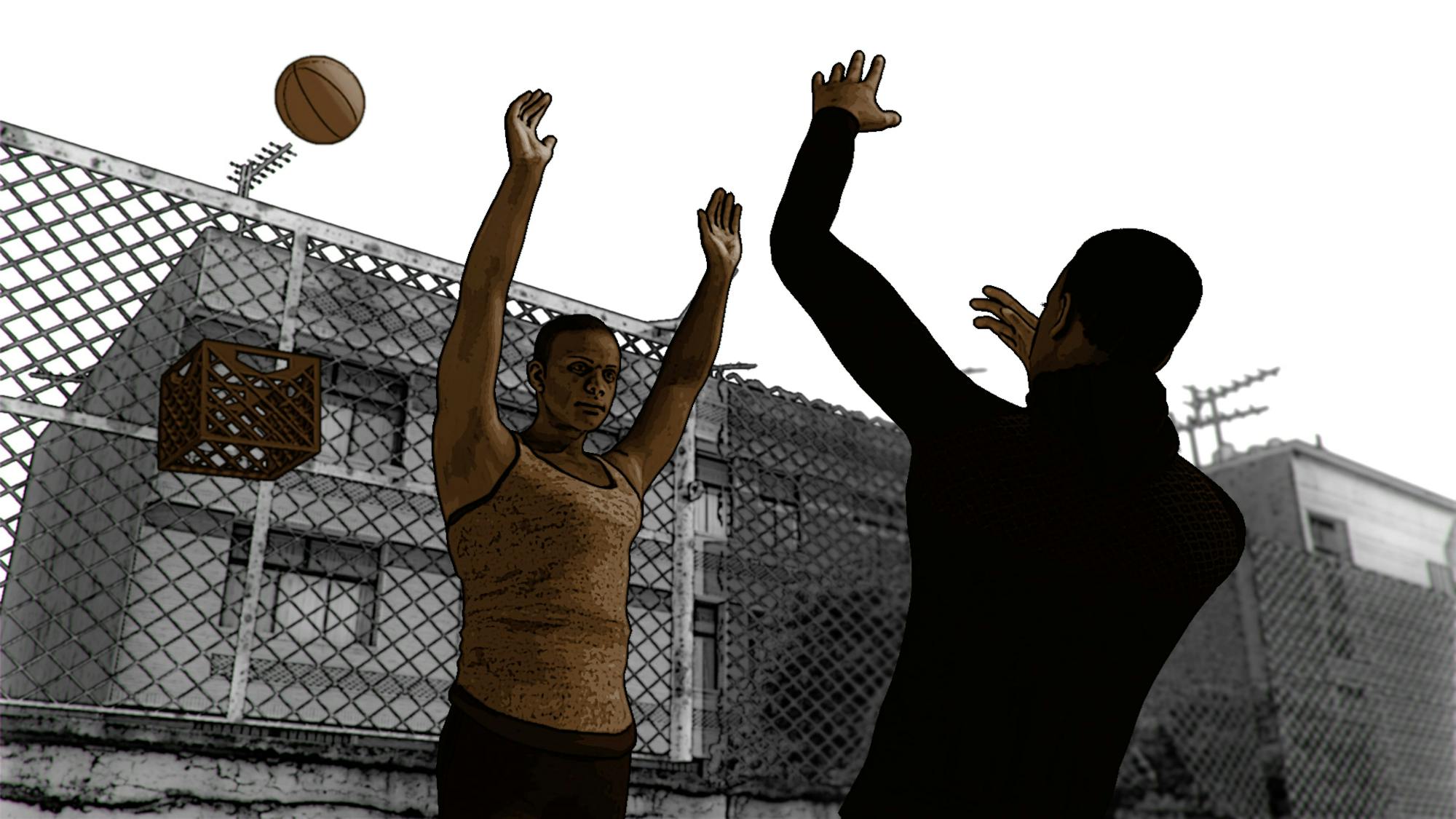 An animation by James A. Sims shows two Black individuals playing basketball, using a milk crate as a hoop. In the film, the animation accompanies narration: “I want to go back to when we used milk crates for basketball hoops, when hands up don’t shoot was for b-boys blocking jumpshots.”