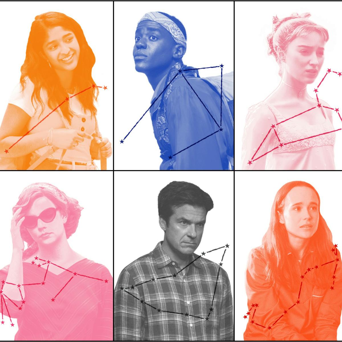 A grid of 12 rectangles, each featuring a character from a Netflix show with their corresponding zodiac constellation overlaid.  