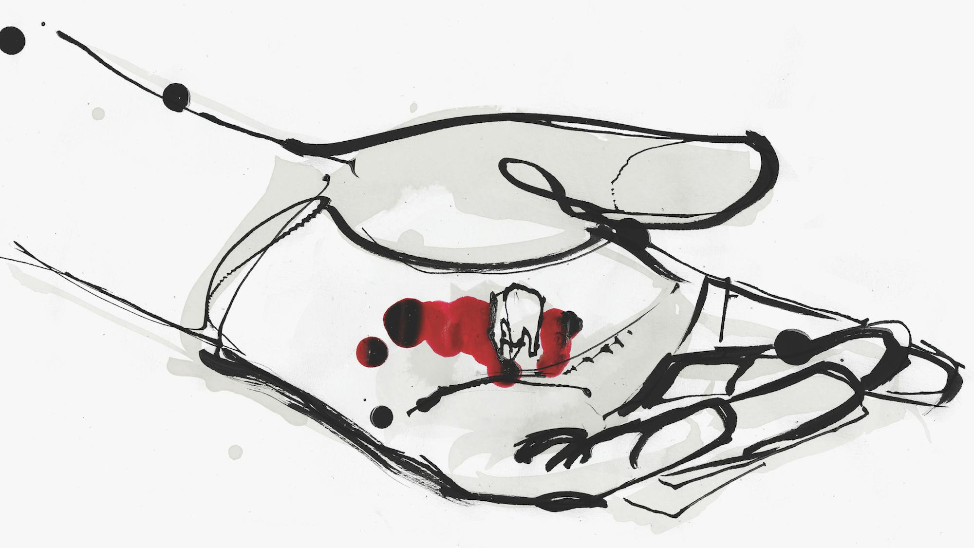 A watercolor sketch of a hand holding a bloody tooth.