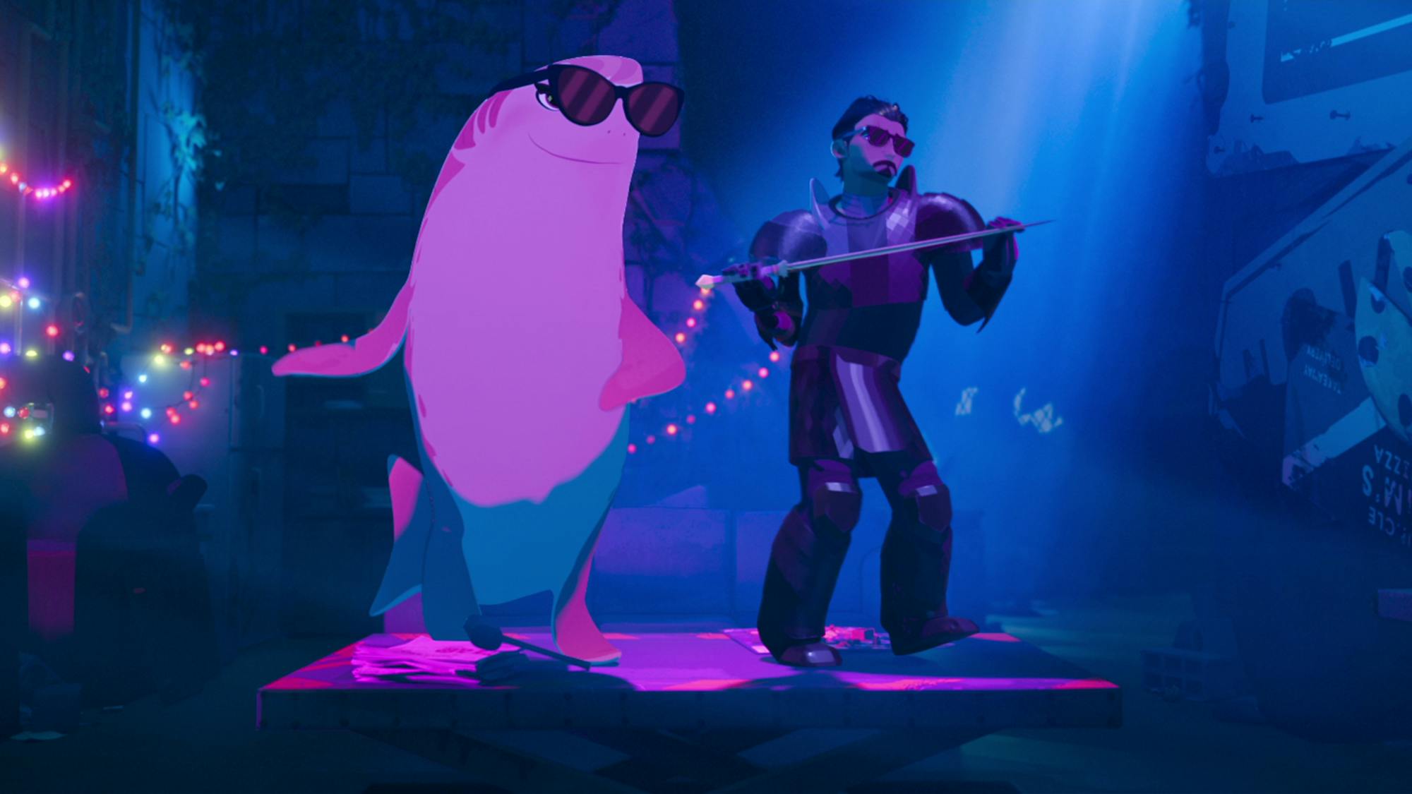 Nimona (Chloë Grace Moretz) and Ballister Boldheart (Riz Ahmed) dance in a neon rainbow-lit club. Nimona shapeshifts as a shark. Both characters wear sunglasses and look like they could be singing and dancing to a karaoke song.