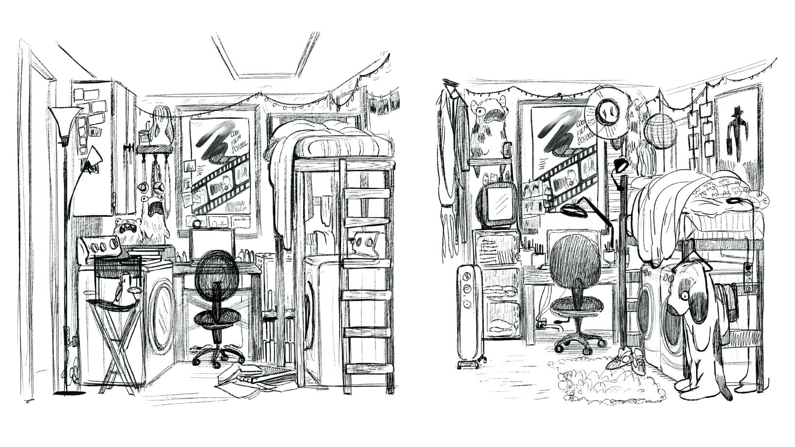 A pencil sketched triptych of Katie’s bedroom, each portrayal with a different configuration. All three feature a raised bed, a washer and dryer, clothes strewn about, a desk and desk chair, and filming equipment.