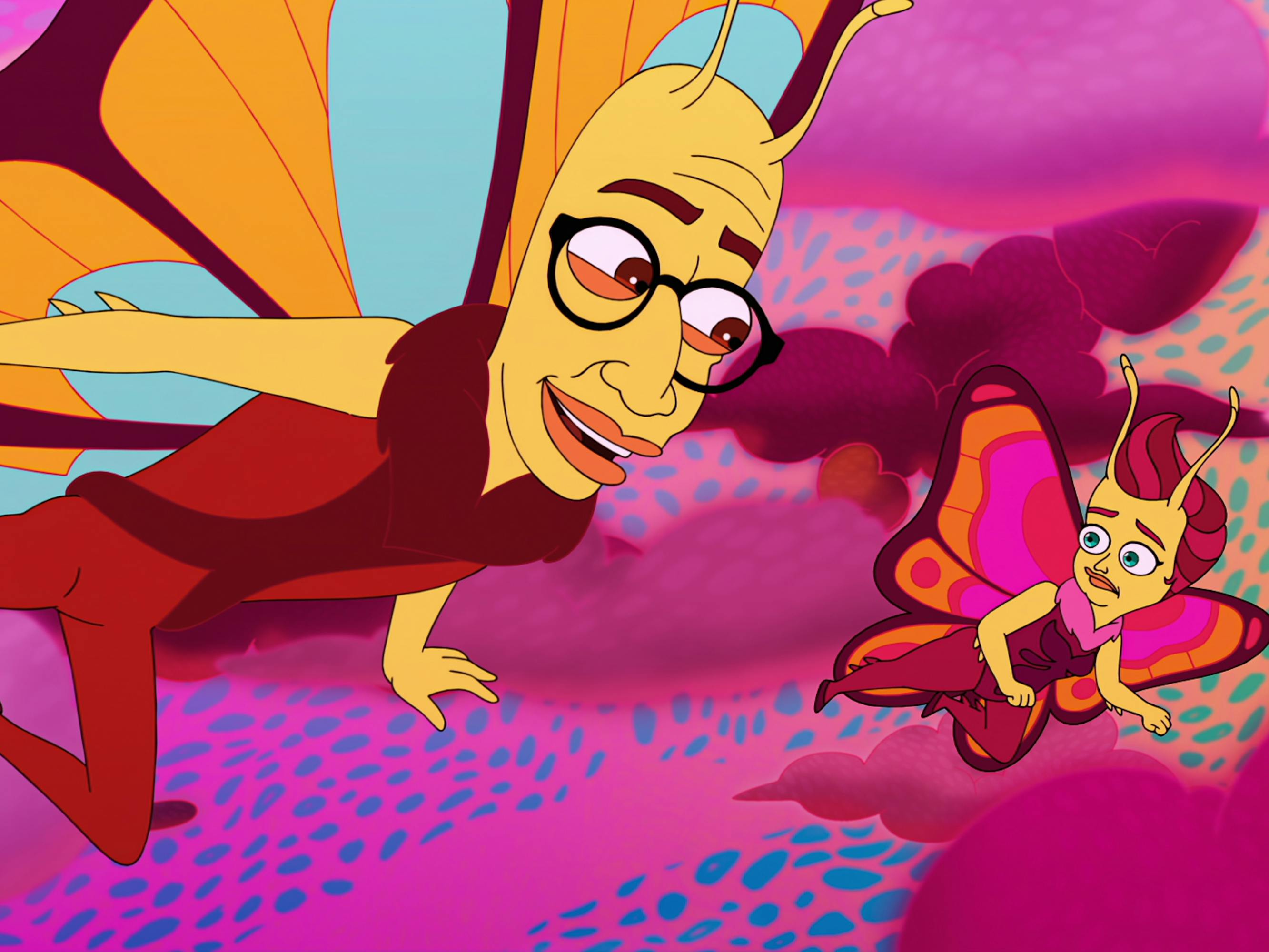 Walter the Lovebug (Brandon Kyle Goodman) and Emmy the Lovebug (Aidy Bryant) float through a pink, cloudy world. The ground is speckled with blue and green spots.