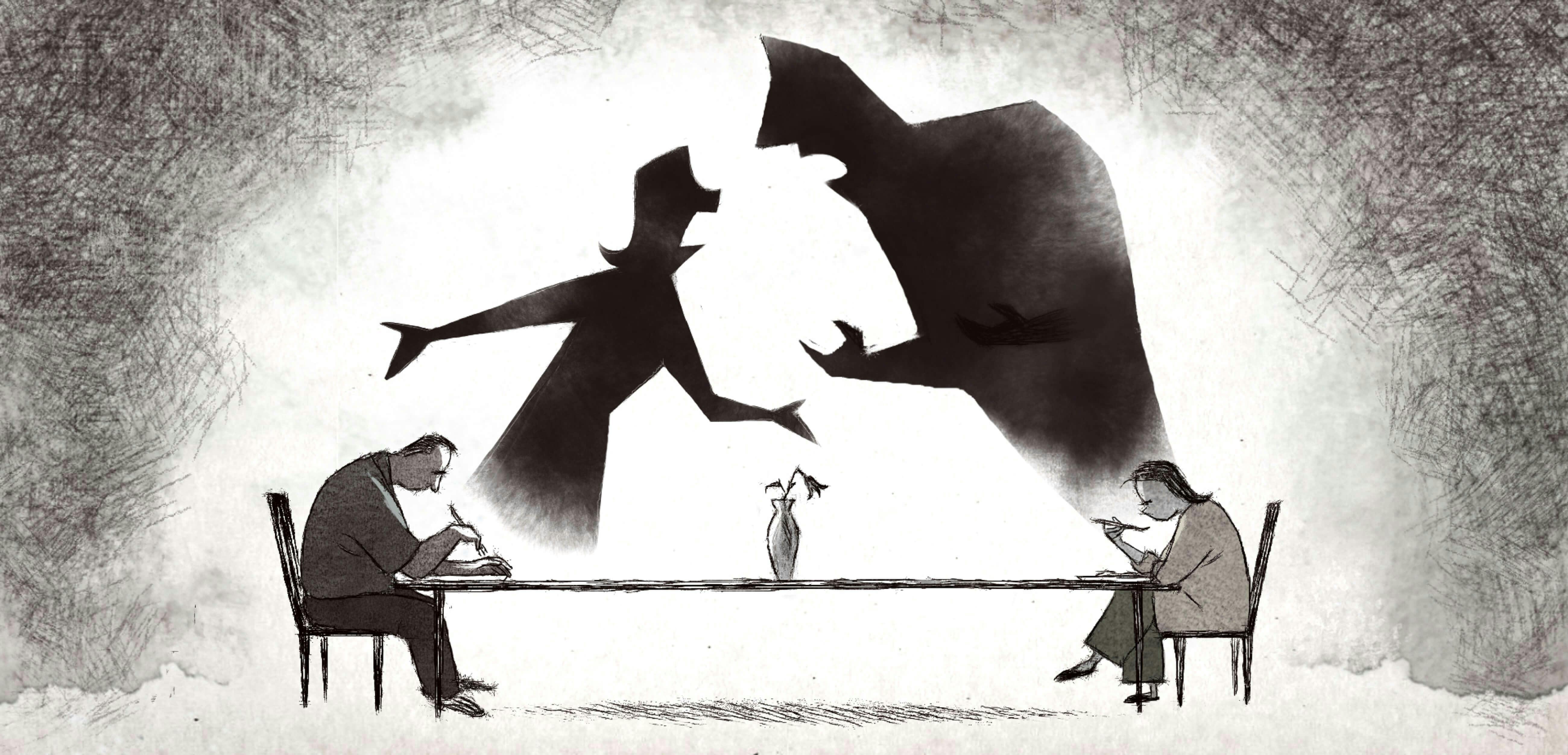 A still from If Anything Happens I Love You. The grayscale animation shows two parents sitting far apart, on opposite sides of a dinner table, their eyes downcast. An imagined silhouette of the couple arguing looms above the scene. 