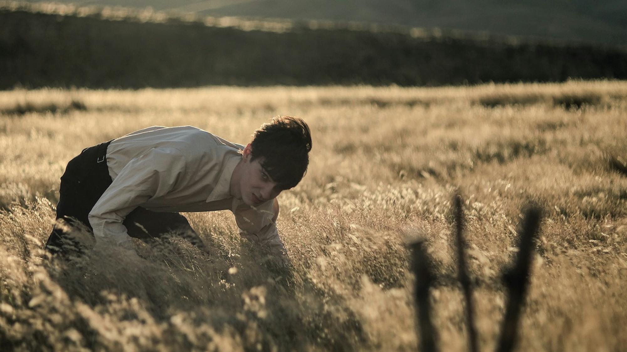 Peter Gordon (Kodi Smit-McPhee) crouches in a windy field of grain. He wears a white shirt and black pants (his staple outfit).