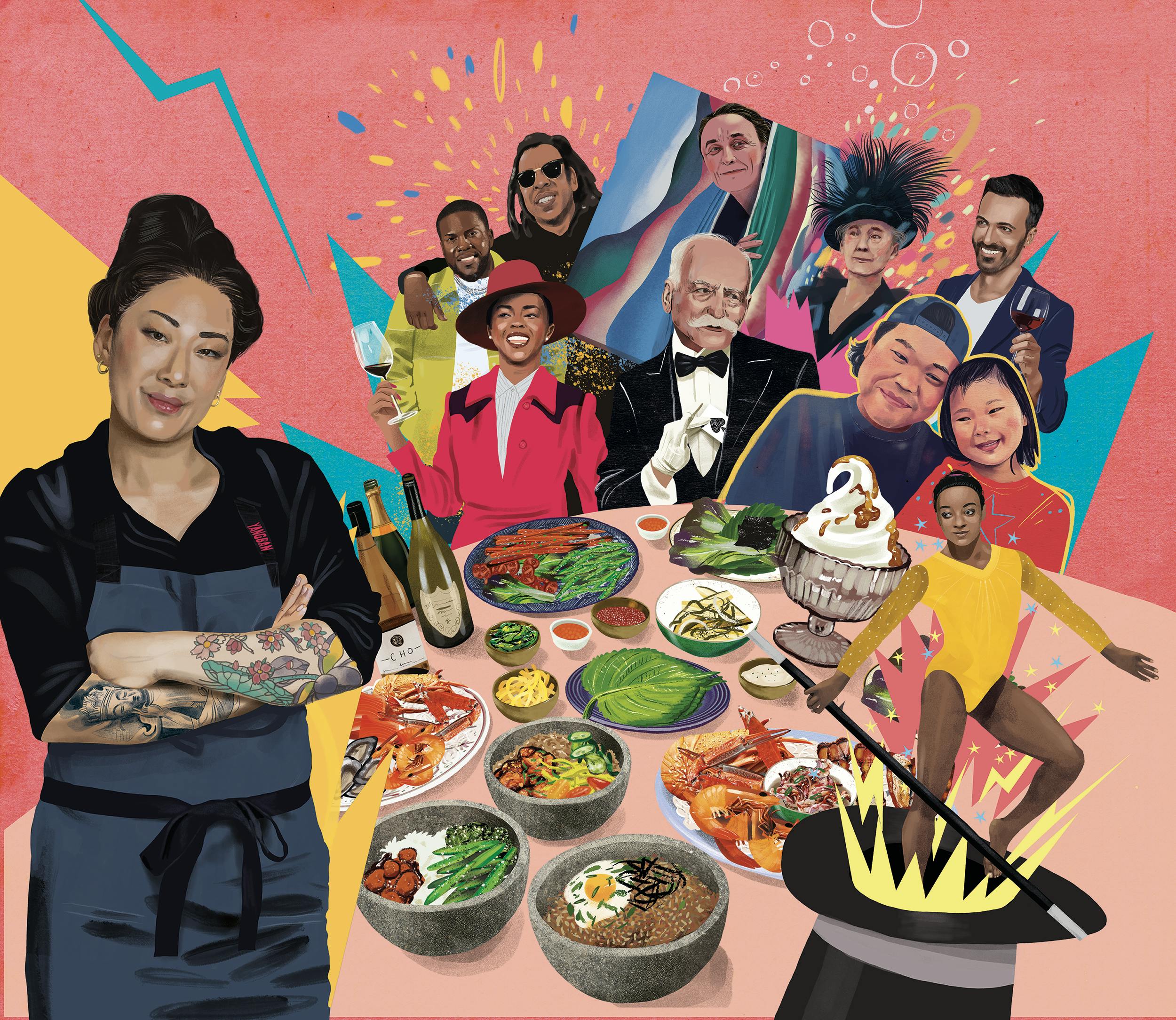Katianna Hong stands in front of her dream dinner party. The table is overflowing with delicious Korean dishes and the guests look happy and hungry! 