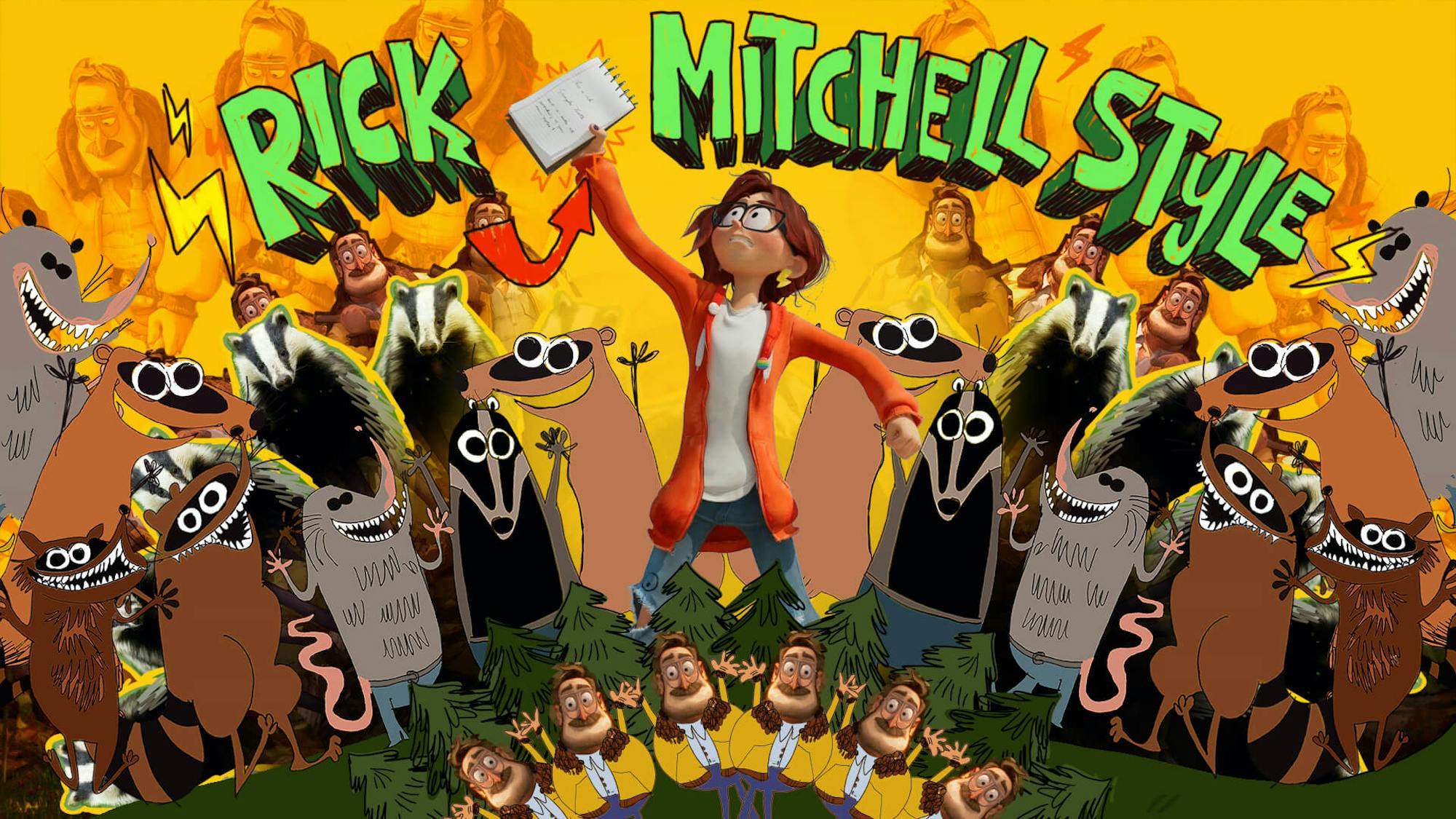 A hallucinogenic image with the header ‘Rick Mitchell Style.’ Katie thrusts a notebook in the air as maniacal raccoons and other creatures look upwards. Beneath and above the line of creatures are semi circles of Rick Mitchell.