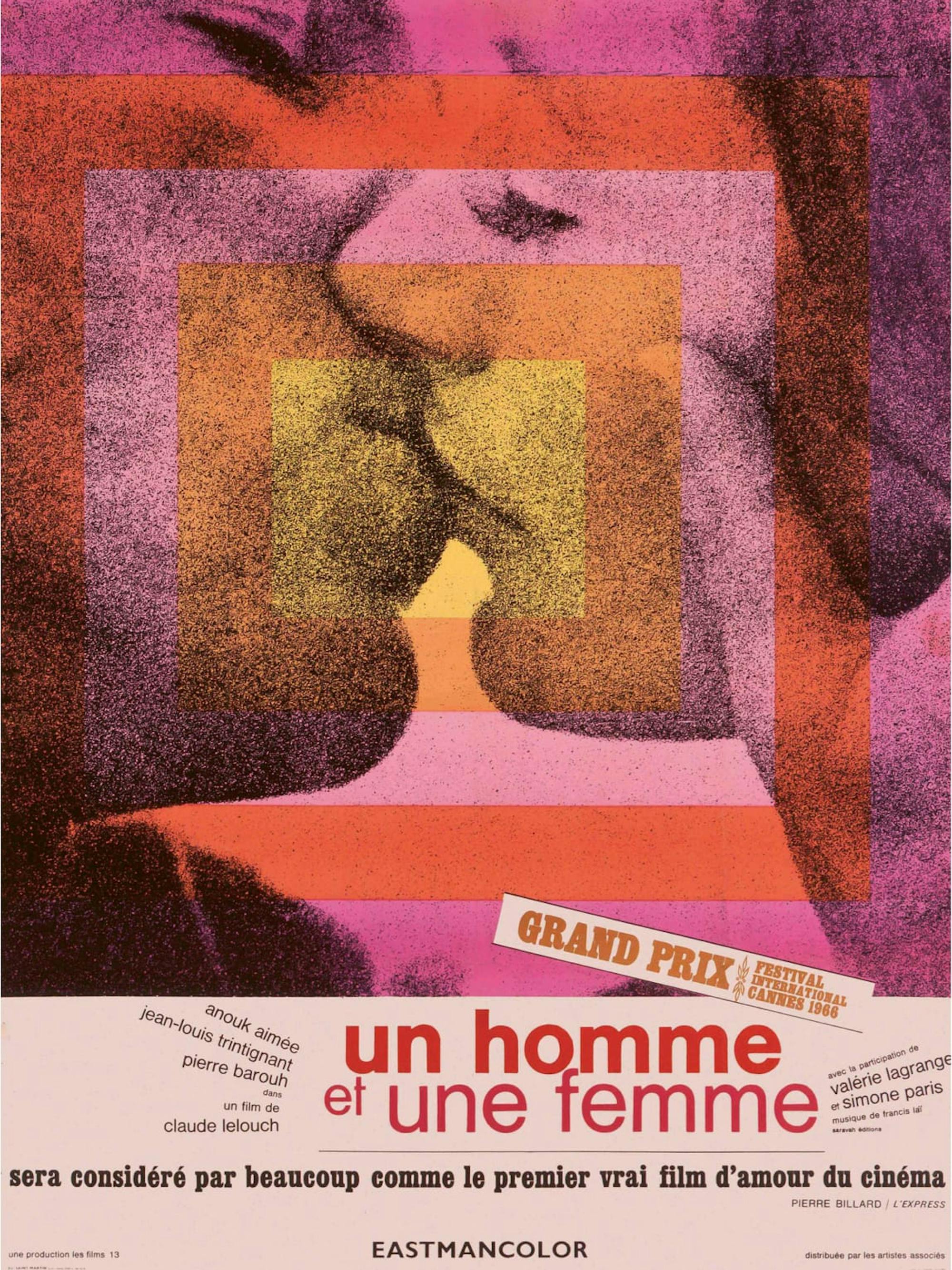 The key art for the movie Un homme et une femme. There is an image of a man and a woman kissing with red, orange, yellow, and pink toned squares overlapping. The title, names of actors, and other information is in French, in black, red, pink, and orange writing.