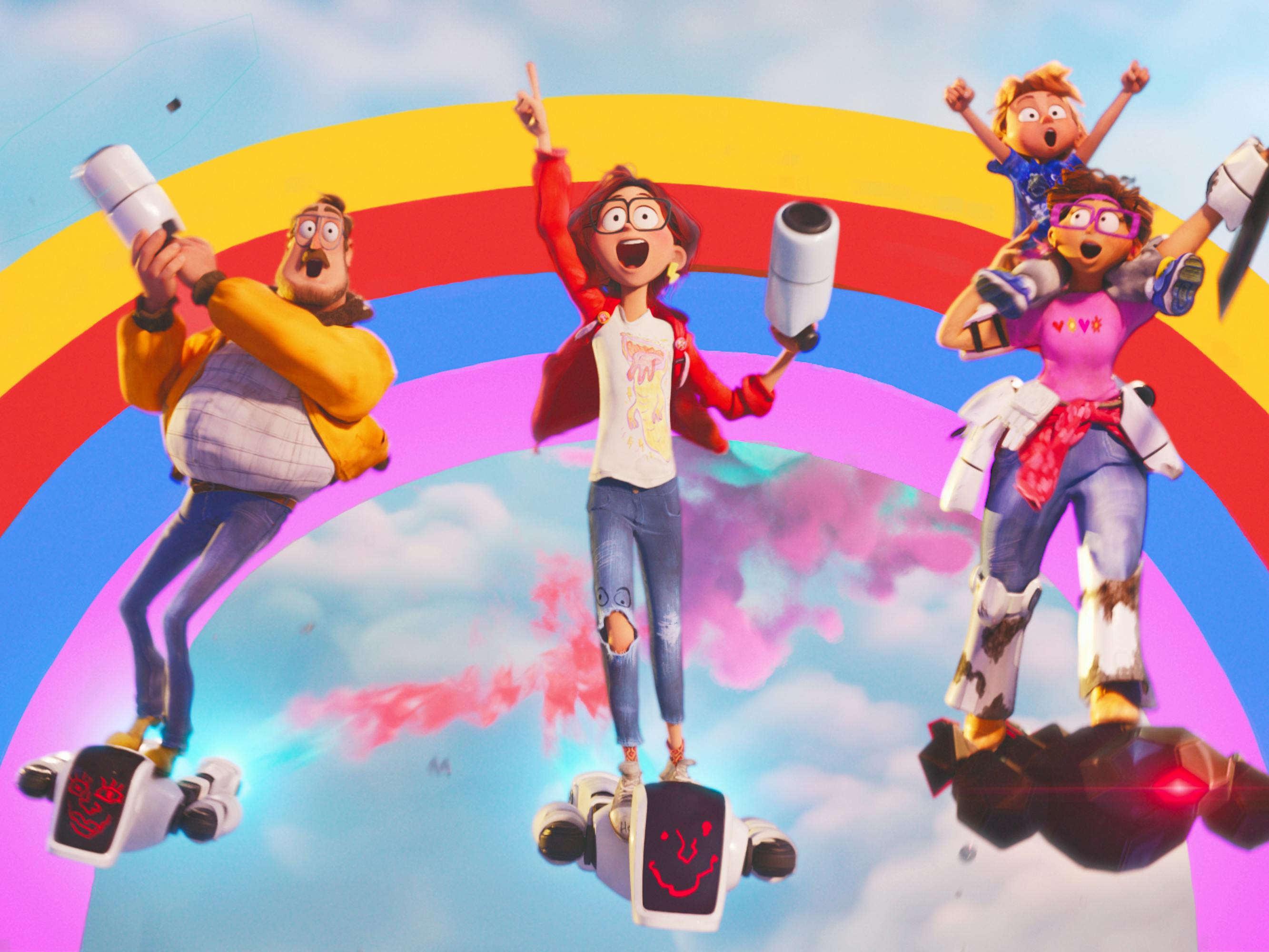 The Mitchells zoom under a rainbow on little robots. Mr. Mitchell wears jeans and a yellow jacket. Katie wears ripped jeans, a white t-shirt, and a red hoodie. Mrs. Mitchell wears a pink t-shirt and massive red glasses. 