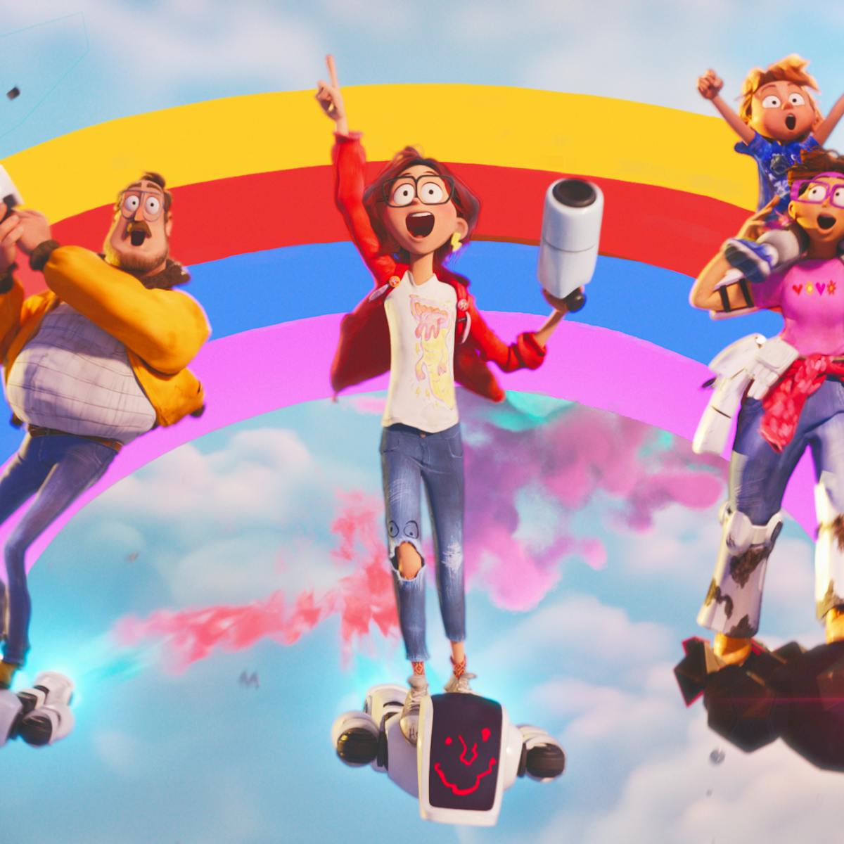 The Mitchells zoom under a rainbow on little robots. Mr. Mitchell wears jeans and a yellow jacket. Katie wears ripped jeans, a white t-shirt, and a red hoodie. Mrs. Mitchell wears a pink t-shirt and massive red glasses. 