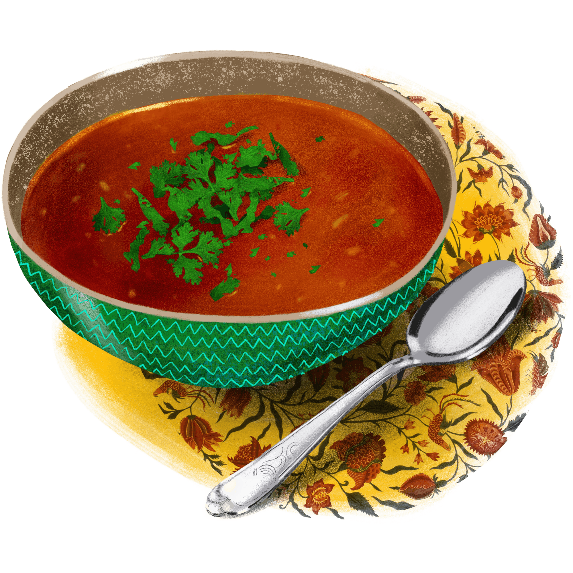 An illustration of tomato soup in a bright green bowl and garnished with cilantro. 