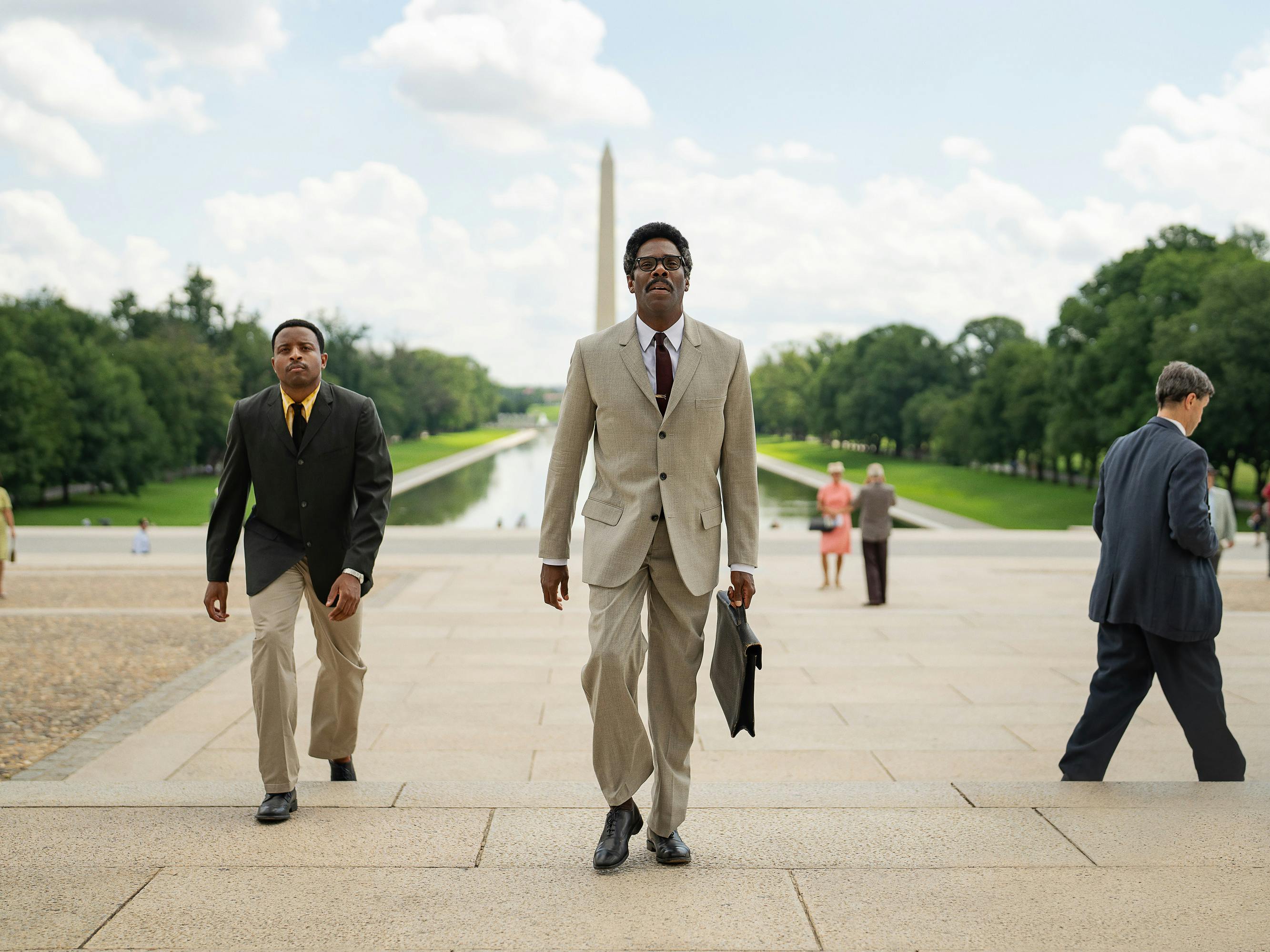 Bayard Rustin (Colman Domingo) walks up the Lincoln memorial steps.