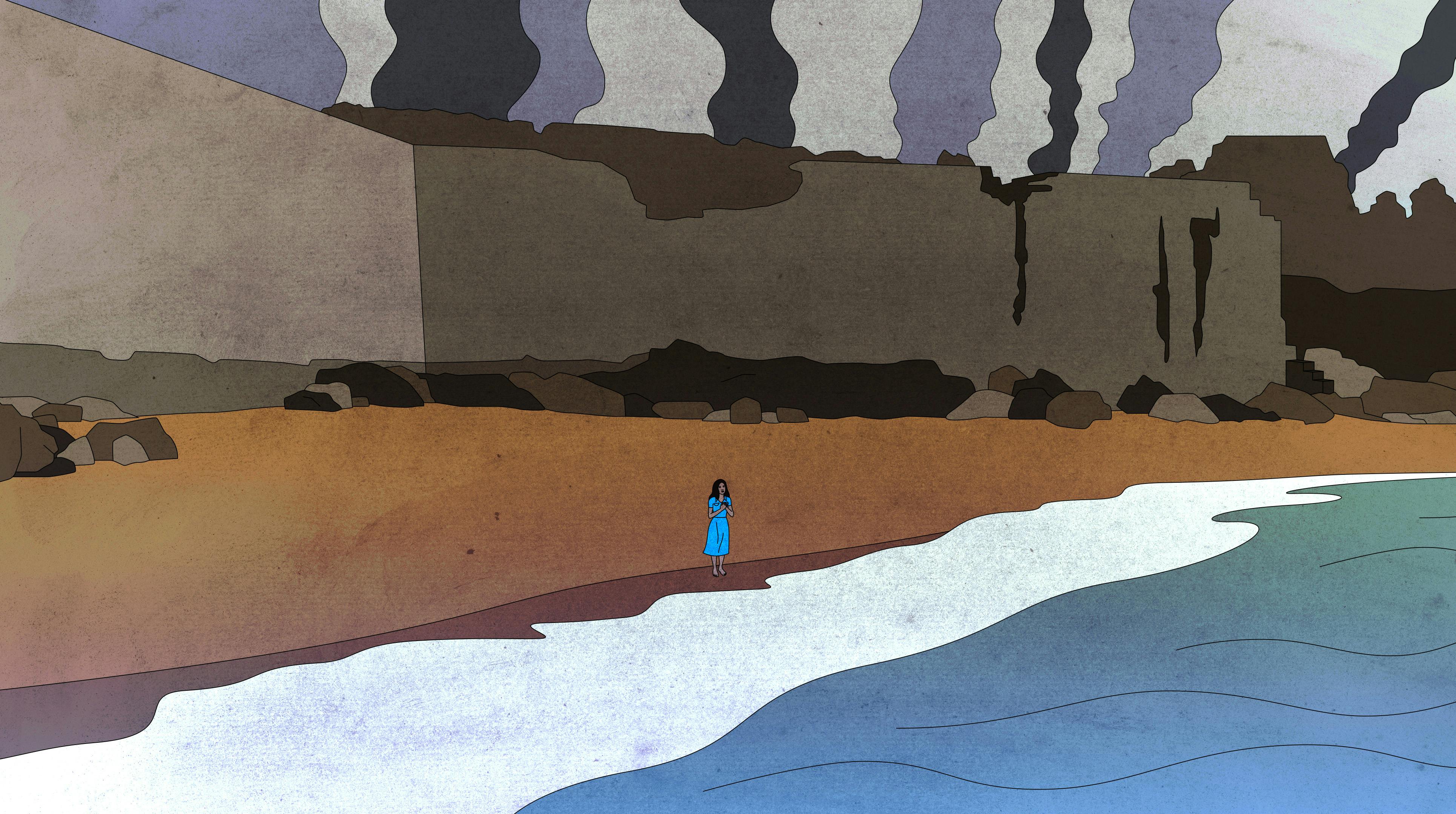 Marie-Laure stands at the edge of the ocean on a beach. Behind her are smoke clouds billowing ominously.