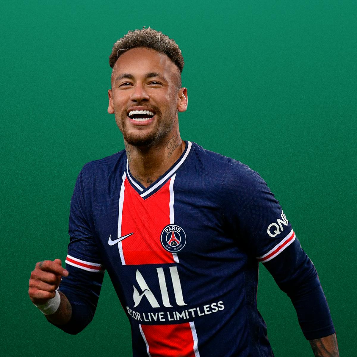 Neymar wears a navy and red uniform against a green background.
